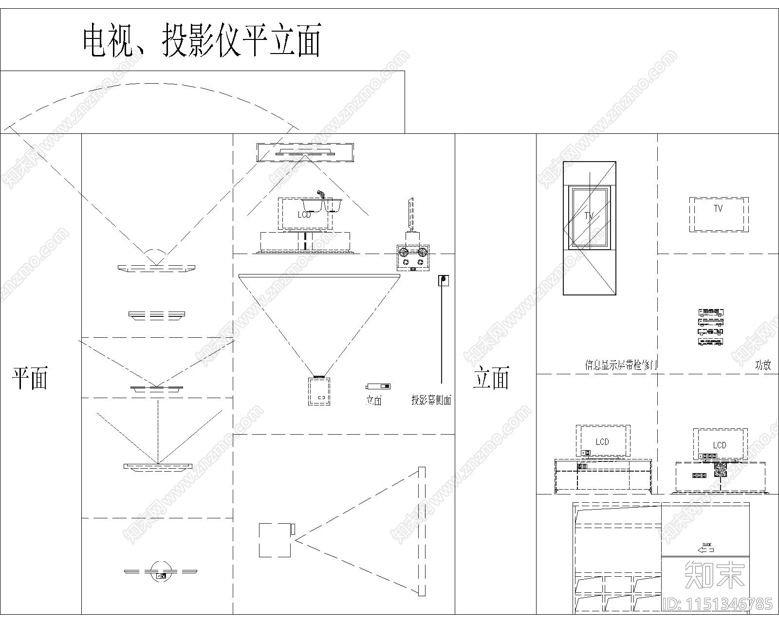 电视会议室投影仪平立面图块施工图下载【ID:1151346785】