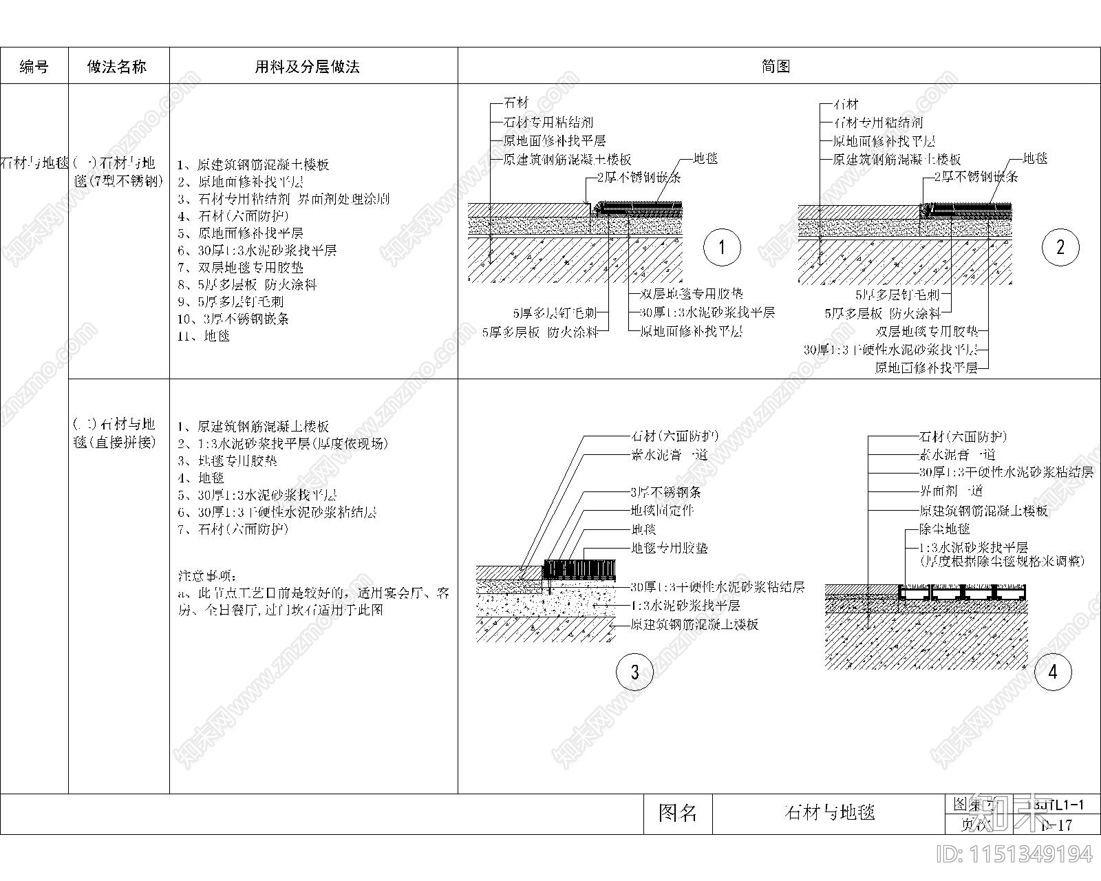 室内石材与地毯收口做法节点cad施工图下载【ID:1151349194】