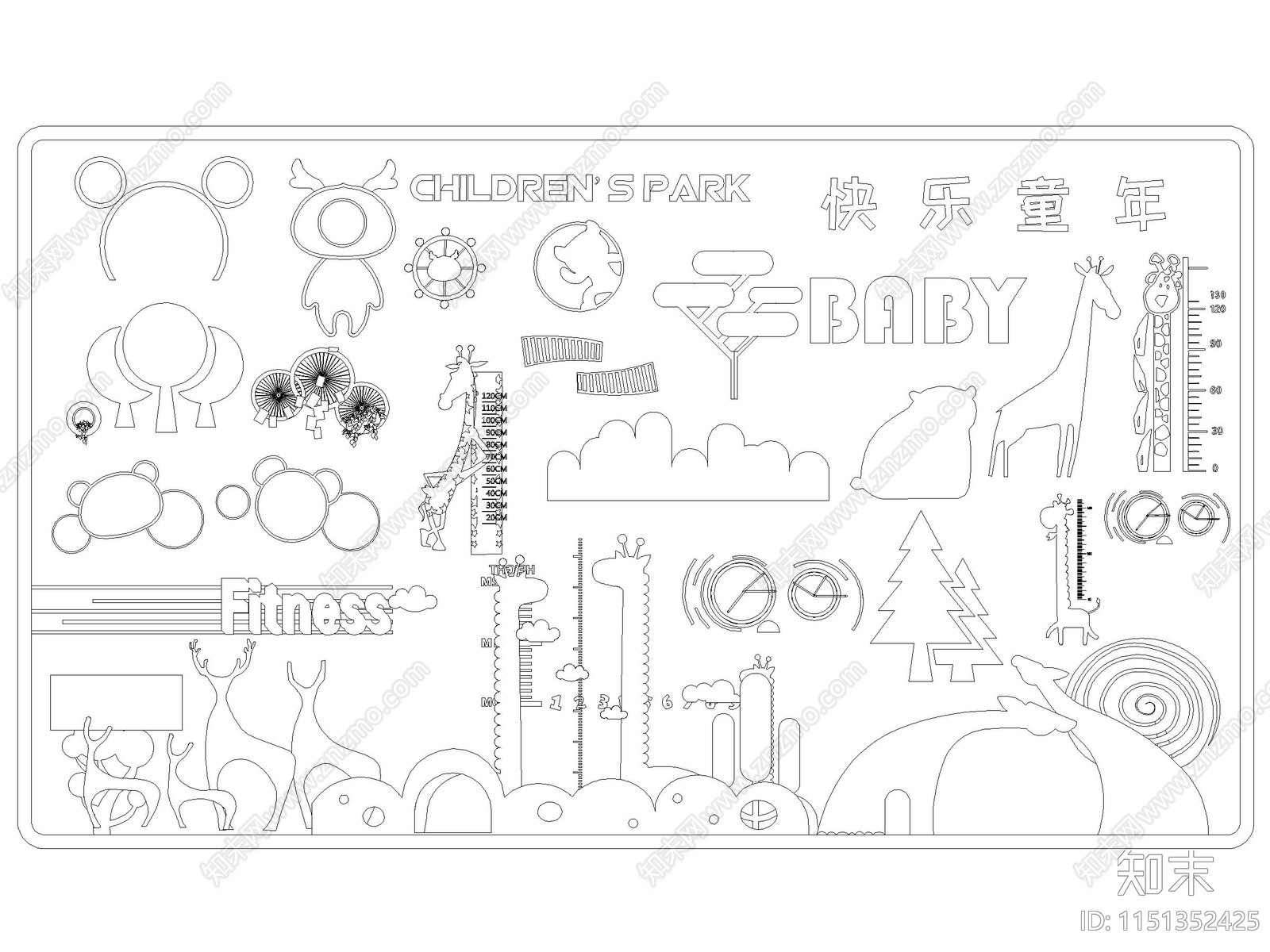 儿童乐园幼儿园卡通图案背景墙施工图下载【ID:1151352425】