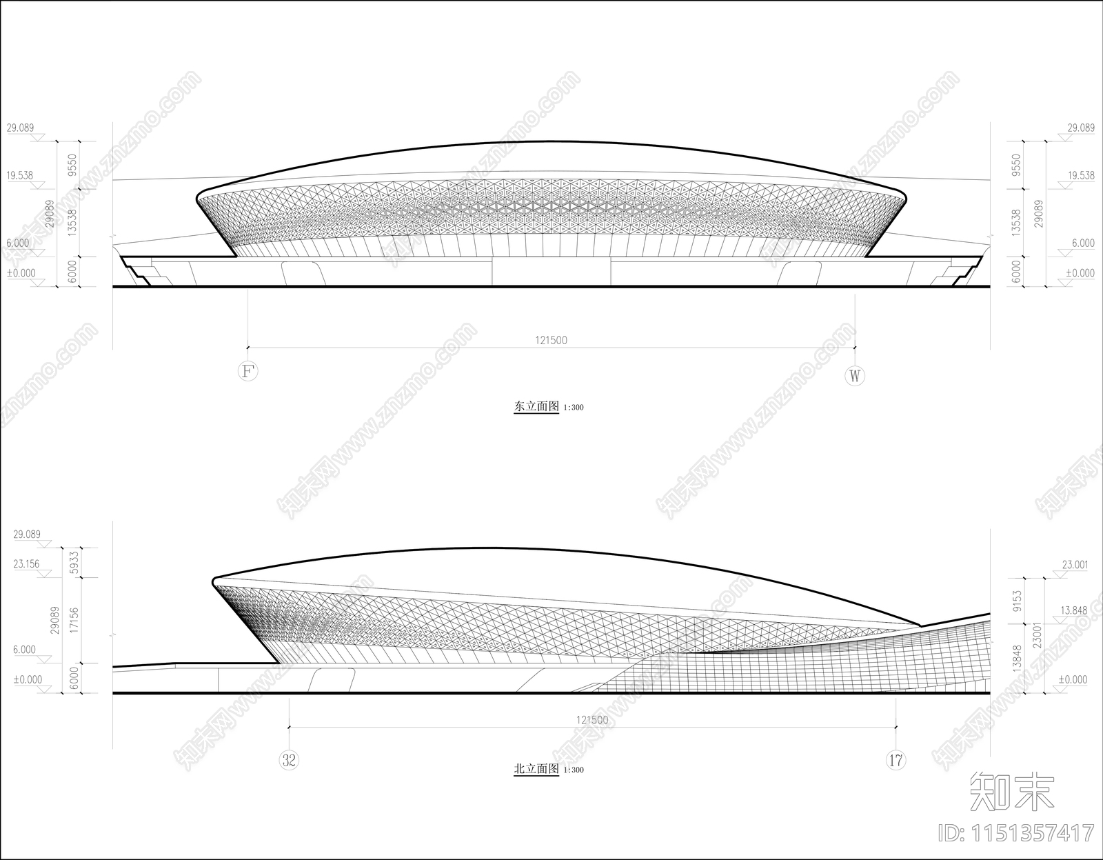 体育馆建筑cad施工图下载【ID:1151357417】