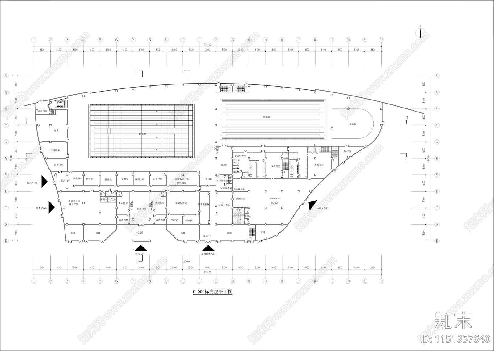 游泳馆建筑cad施工图下载【ID:1151357640】