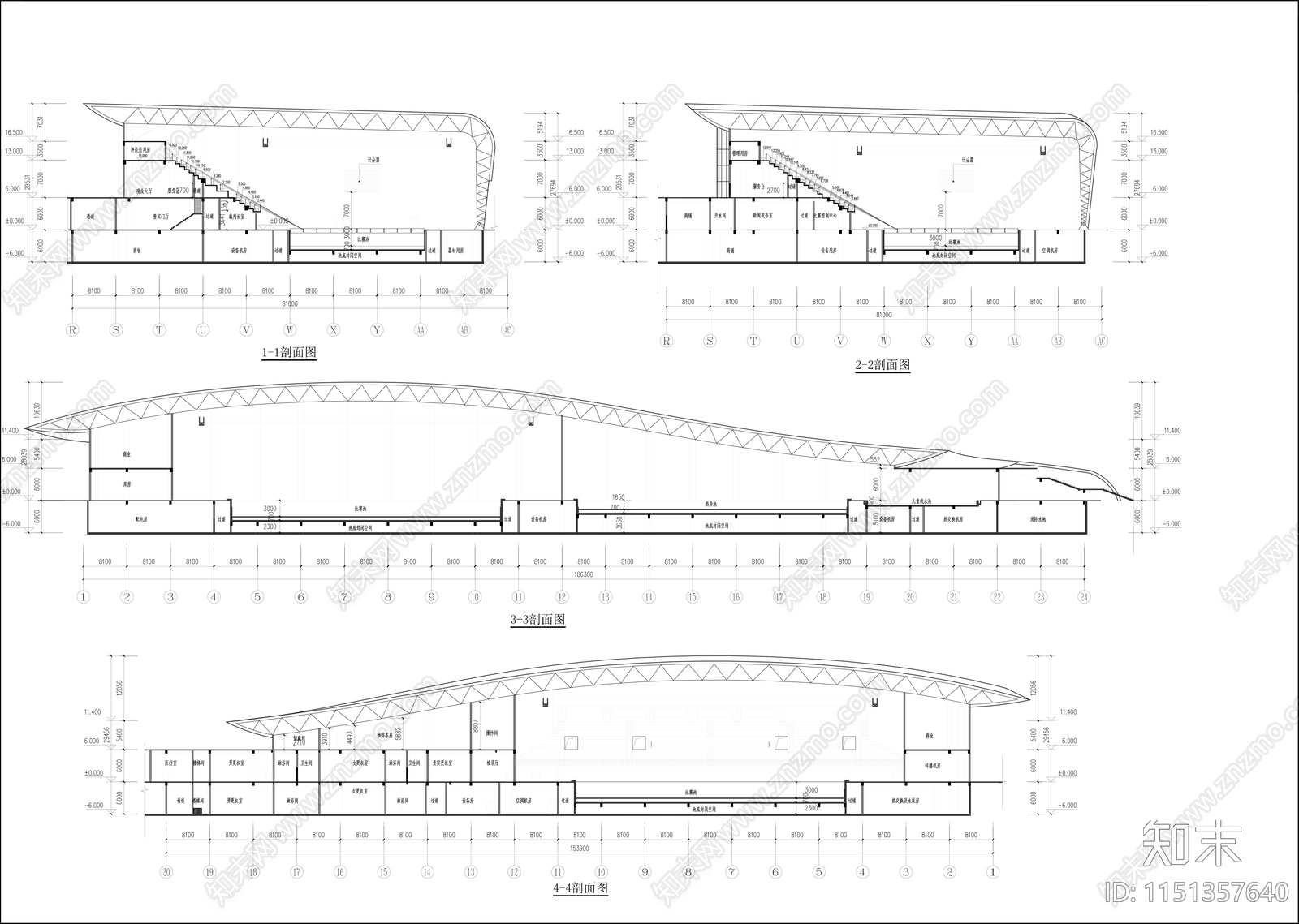 游泳馆建筑cad施工图下载【ID:1151357640】
