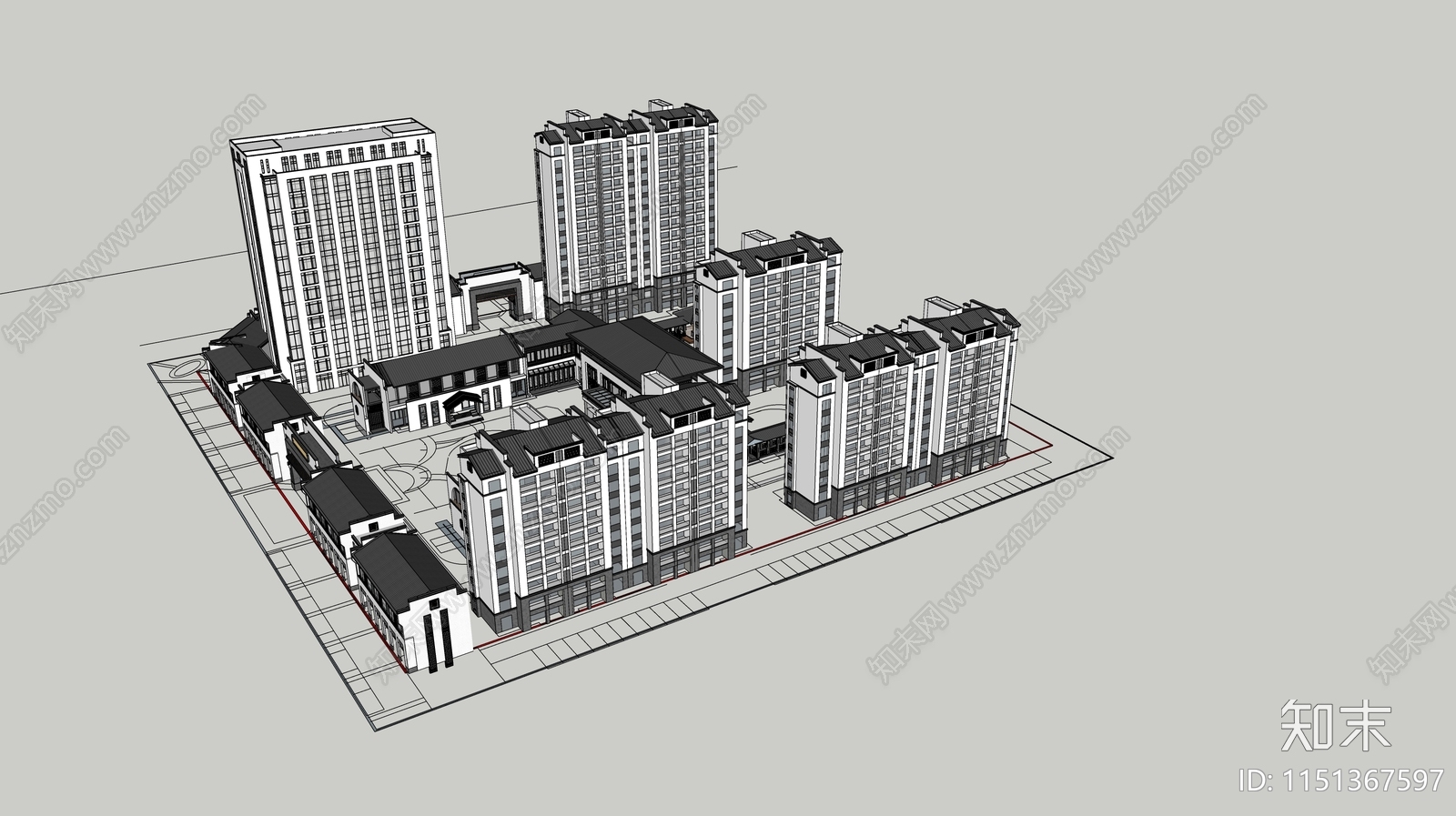 新中式徽派住宅小区建筑SU模型下载【ID:1151367597】