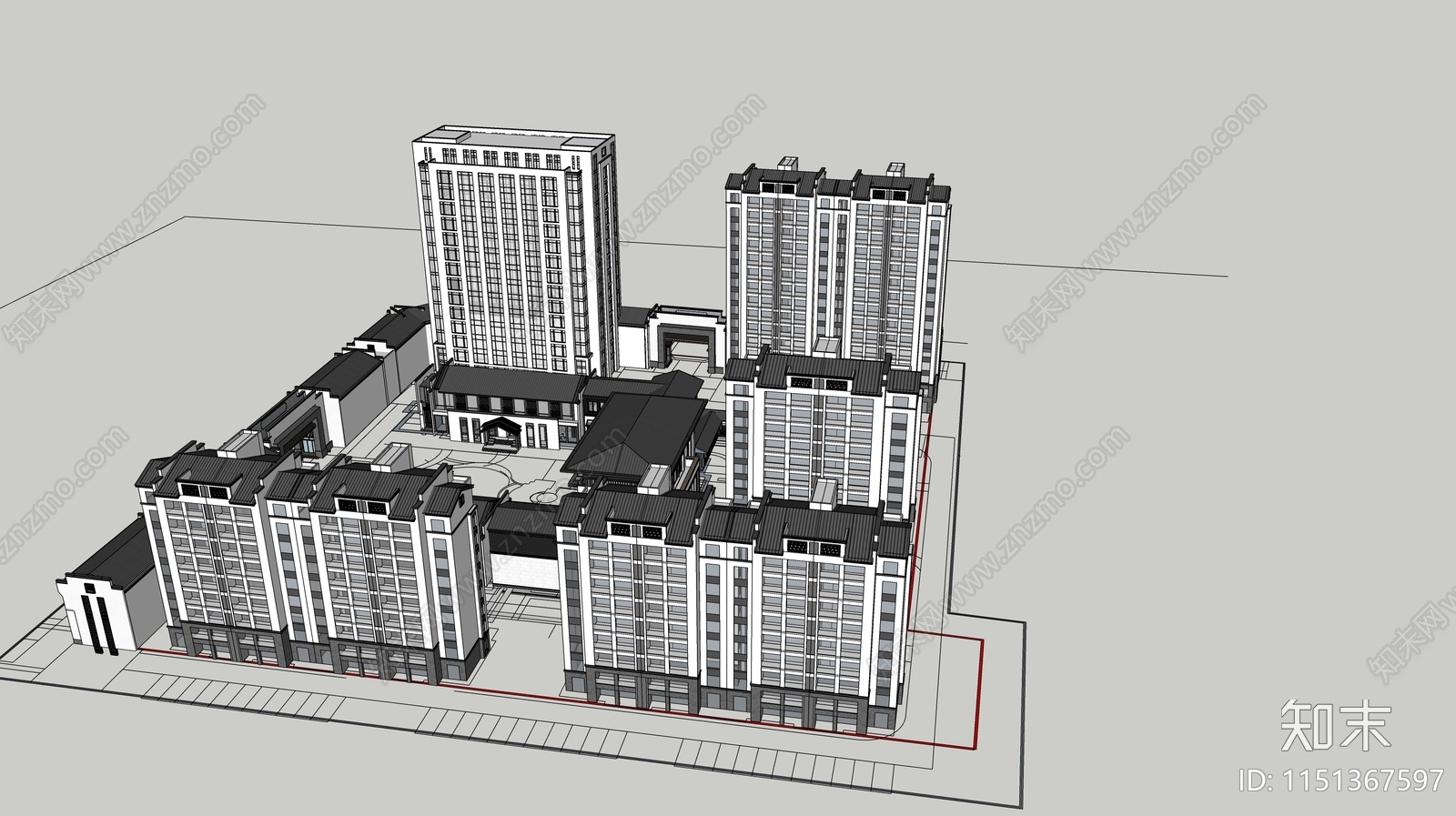 新中式徽派住宅小区建筑SU模型下载【ID:1151367597】