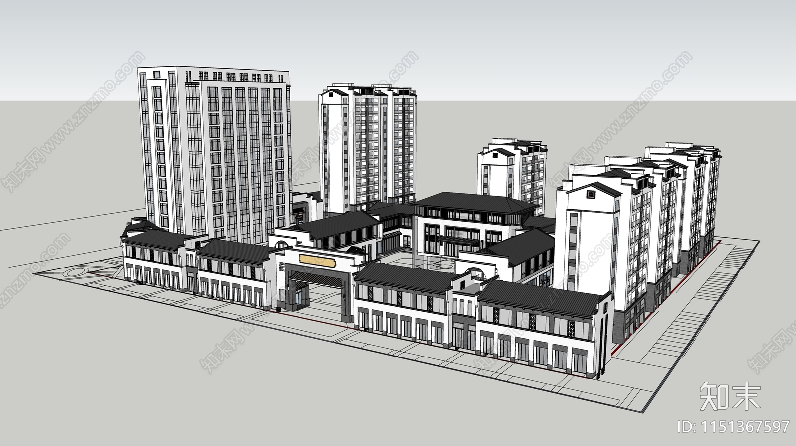 新中式徽派住宅小区建筑SU模型下载【ID:1151367597】