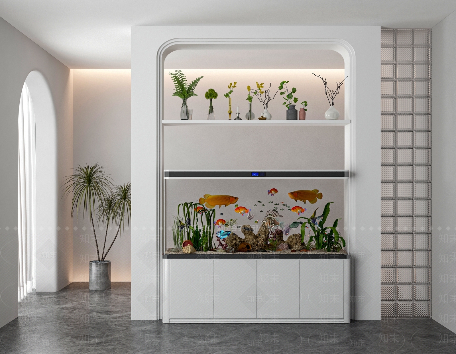 简欧玄关玻璃隔断鱼缸3D模型下载【ID:1151391163】