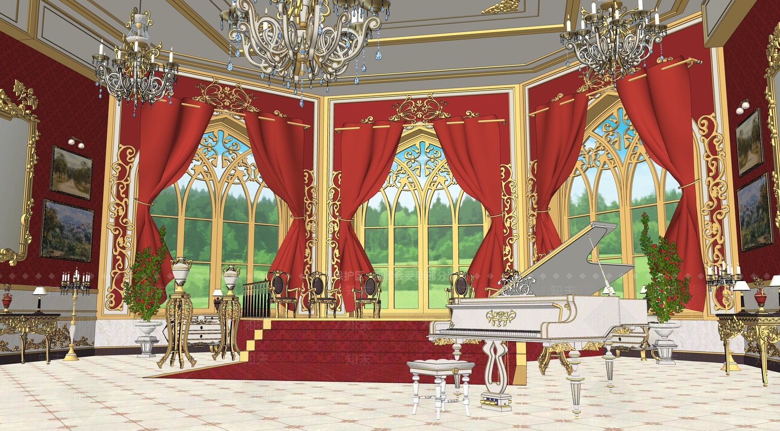 欧式庄园豪华钢琴房SU模型下载【ID:1151393464】