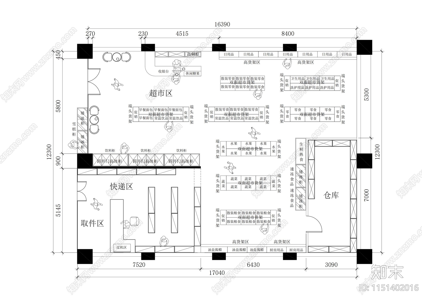 百货超市平面布局图cad施工图下载【ID:1151402016】