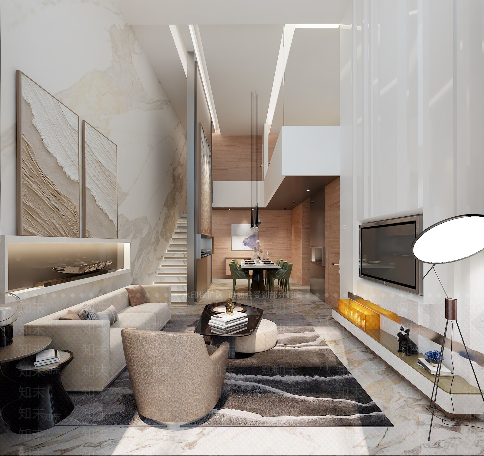 现代客厅挑空空间3D模型下载【ID:1151402363】