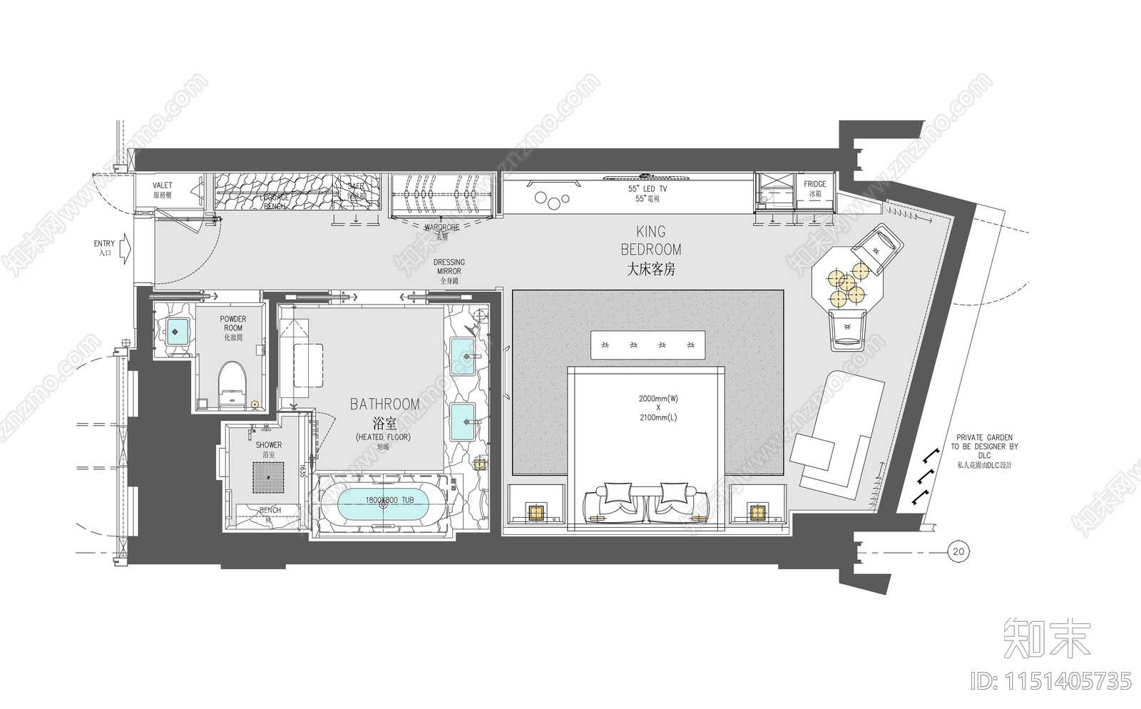 50㎡星级酒店标准大床房施工图及物料cad施工图下载【ID:1151405735】
