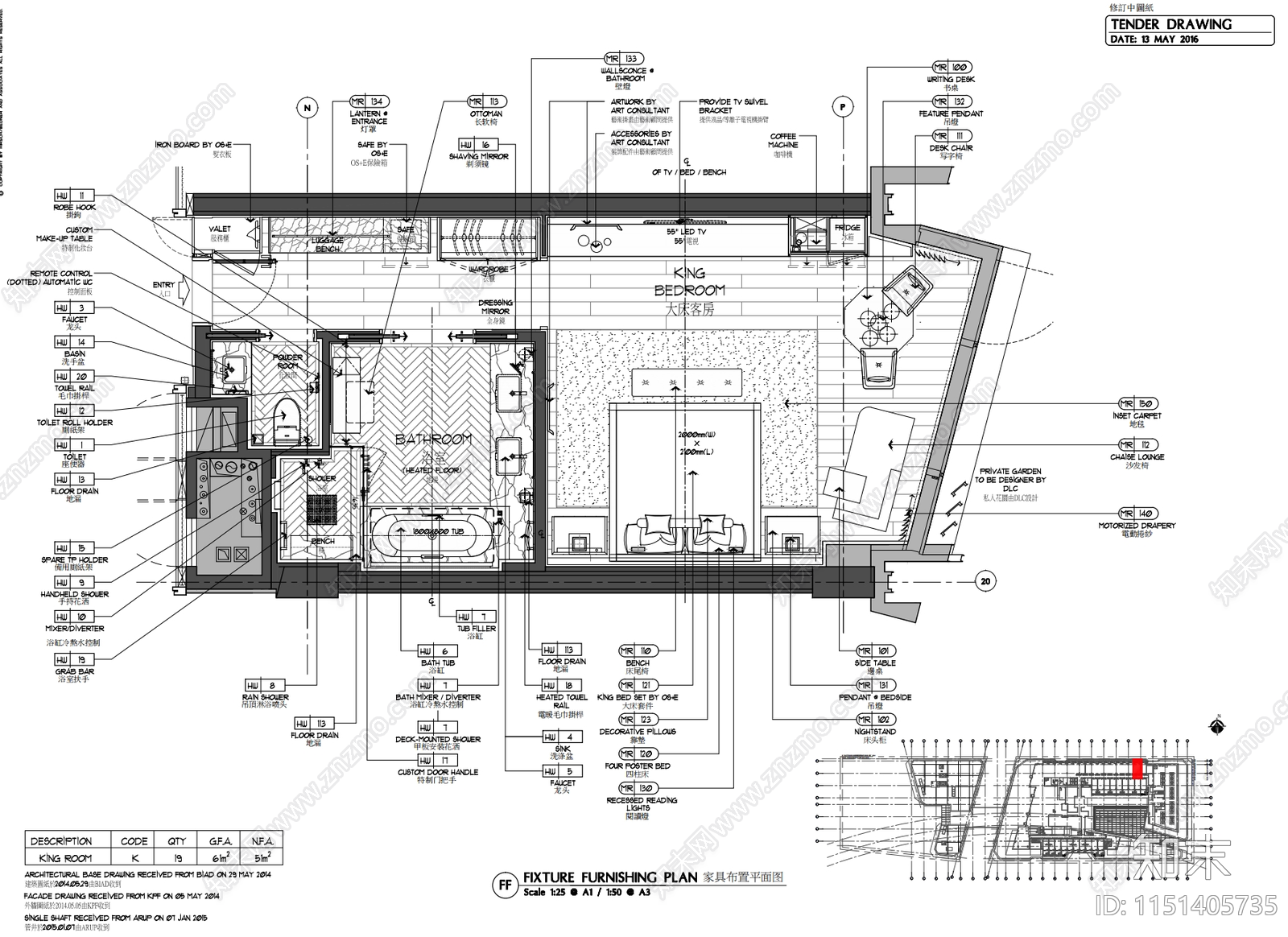 50㎡星级酒店标准大床房施工图及物料cad施工图下载【ID:1151405735】