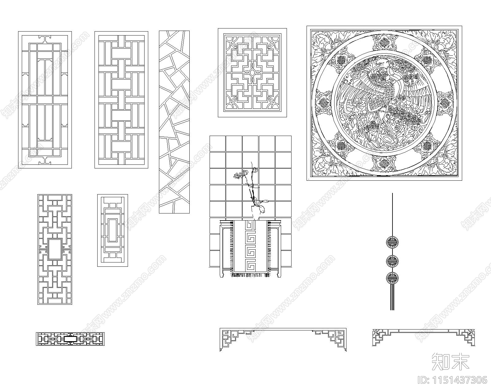中式隔断屏风窗格图库cad施工图下载【ID:1151437306】
