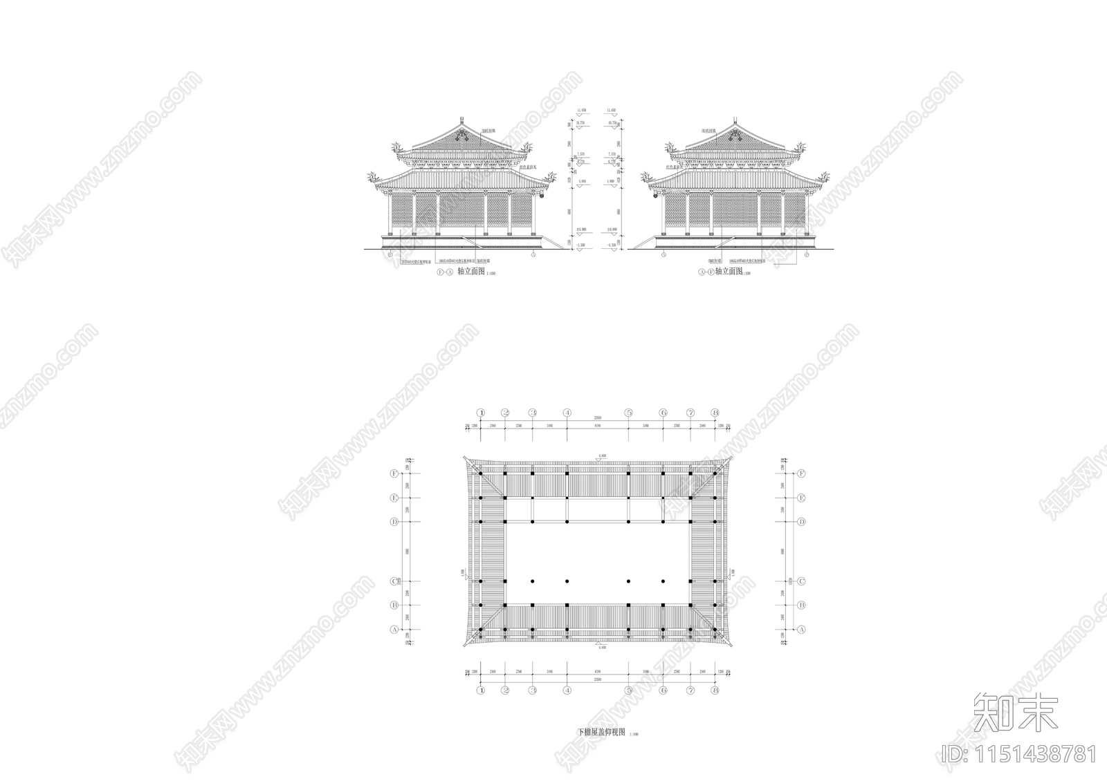 道家仿古建筑大殿cad施工图下载【ID:1151438781】