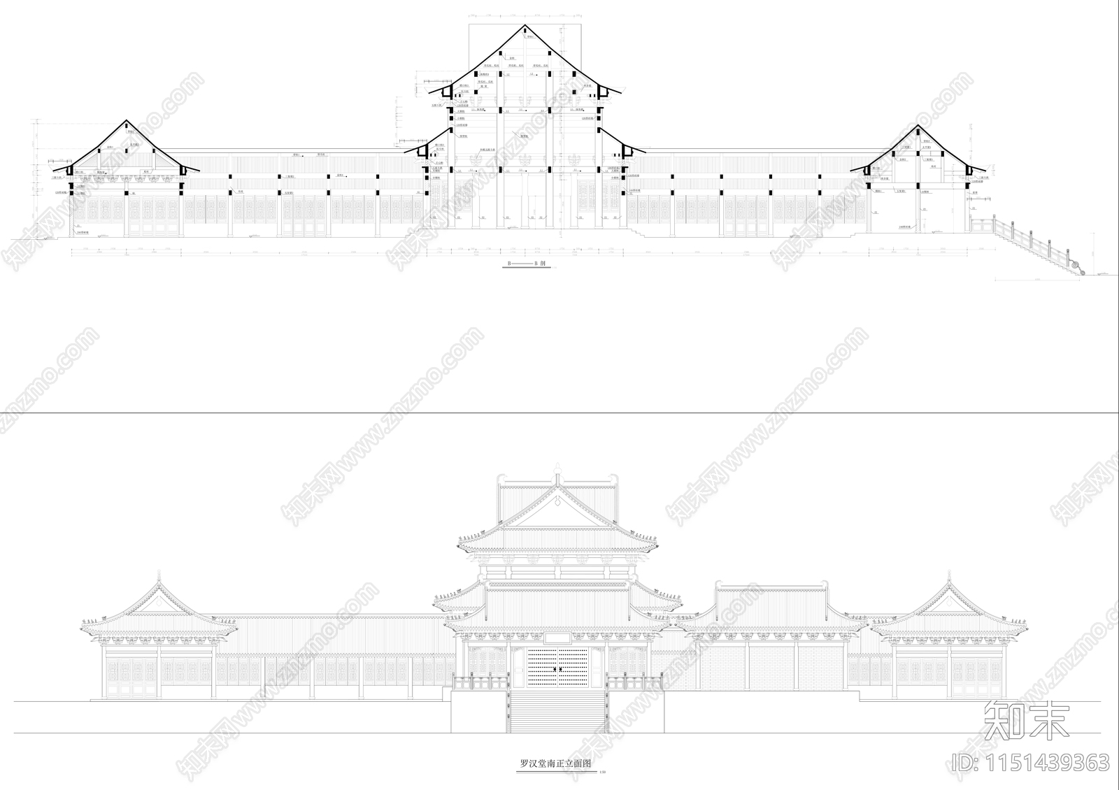 罗汉堂建筑cad施工图下载【ID:1151439363】