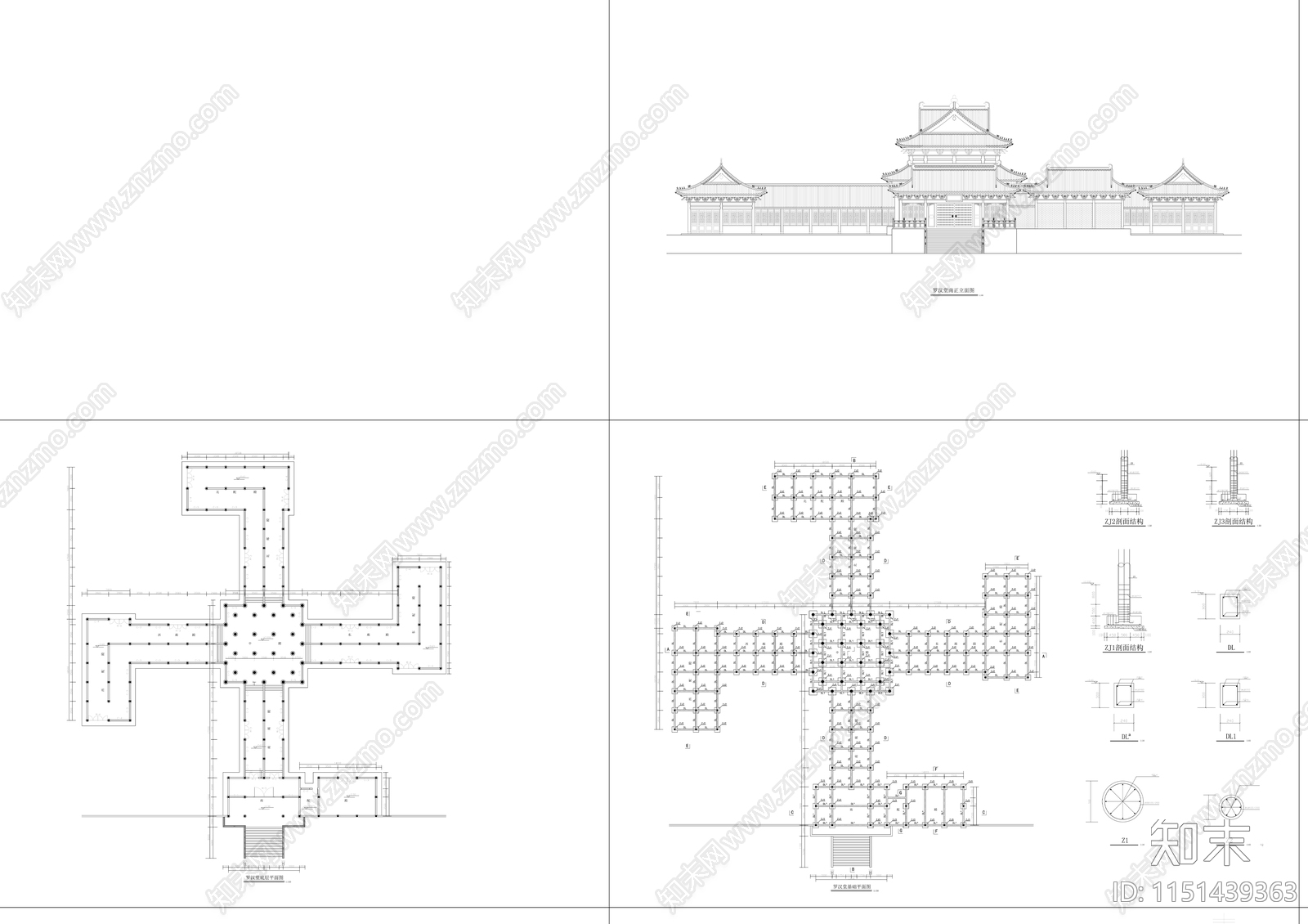 罗汉堂建筑cad施工图下载【ID:1151439363】