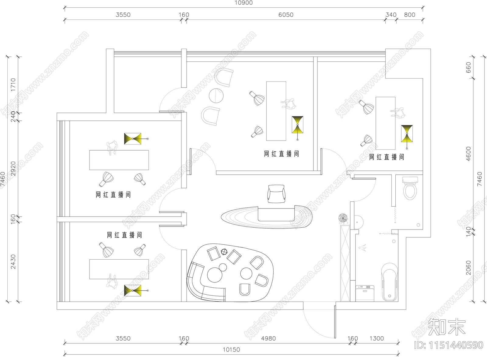 直播间平面图cad施工图下载【ID:1151440590】