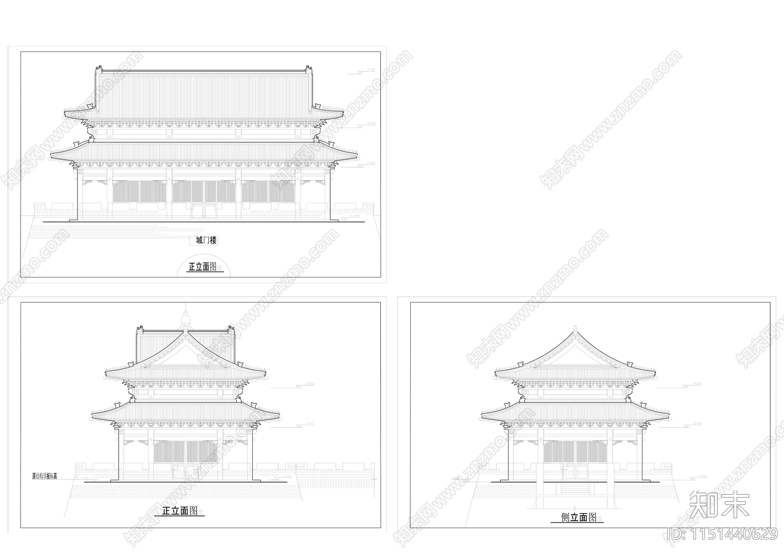 仿古建筑立面图cad施工图下载【ID:1151440629】