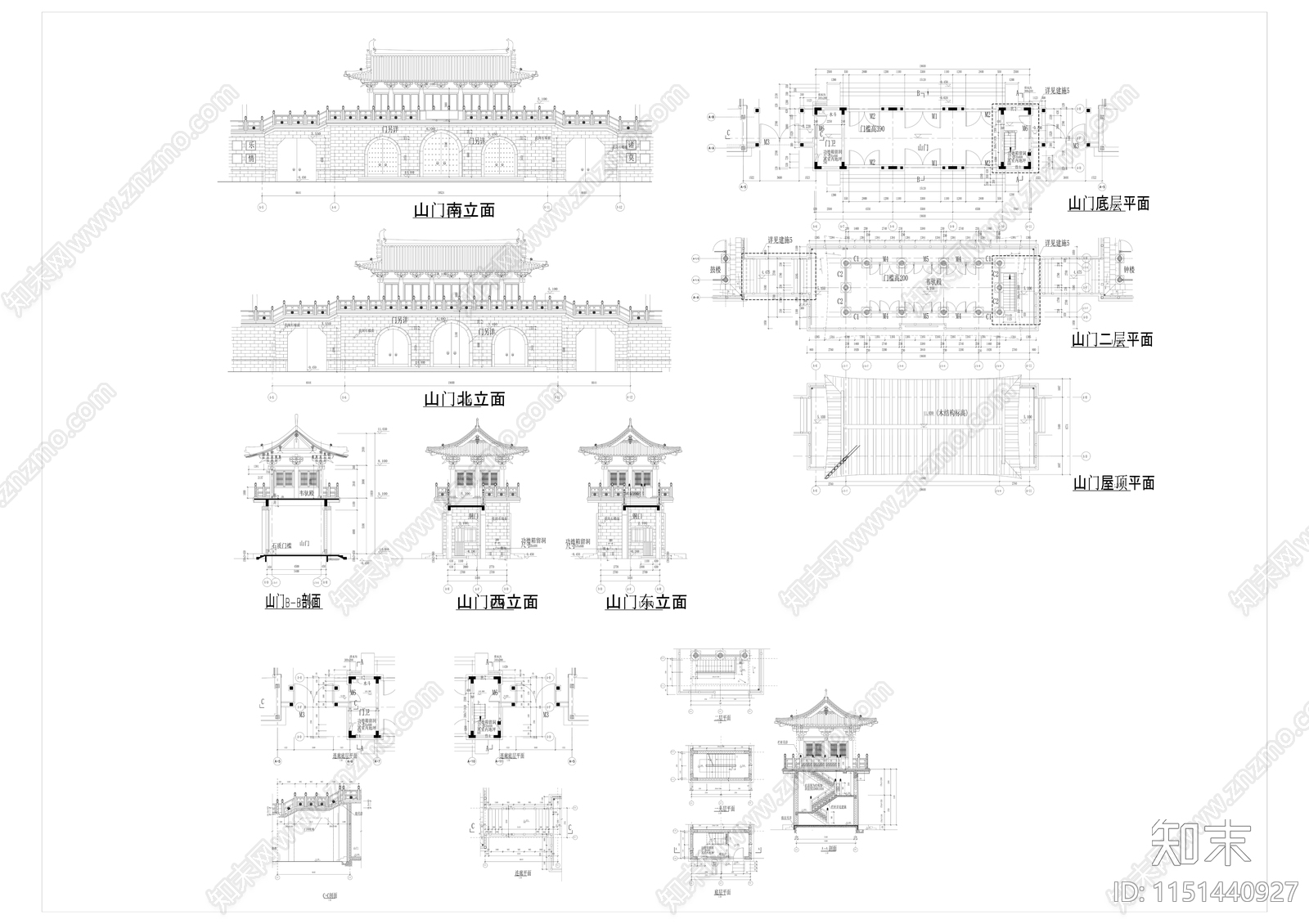 仿古山门建筑cad施工图下载【ID:1151440927】