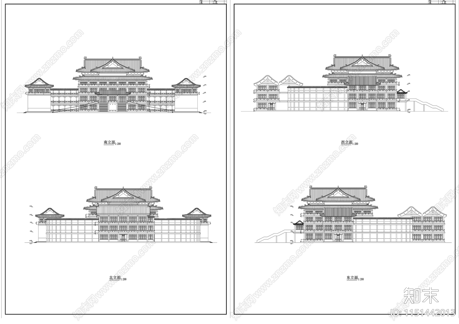 古建筑立面图cad施工图下载【ID:1151442013】