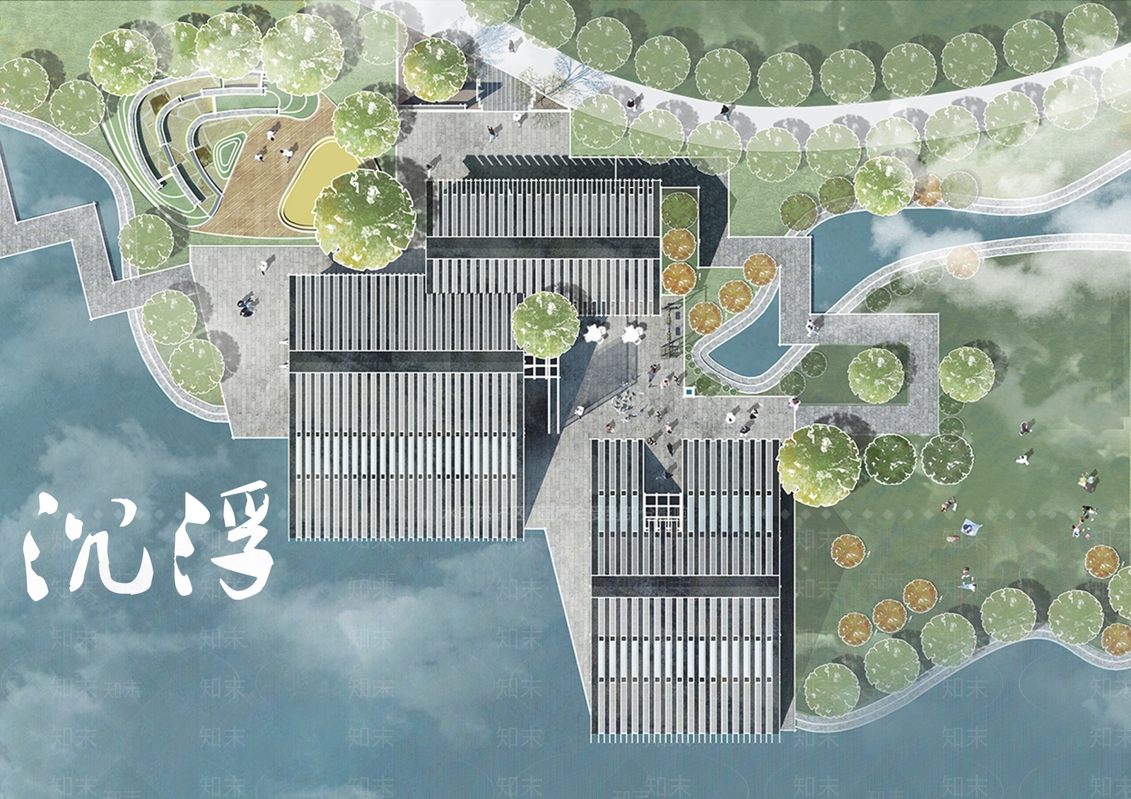 新中式滨水展览馆建筑SU模型下载【ID:1151538418】