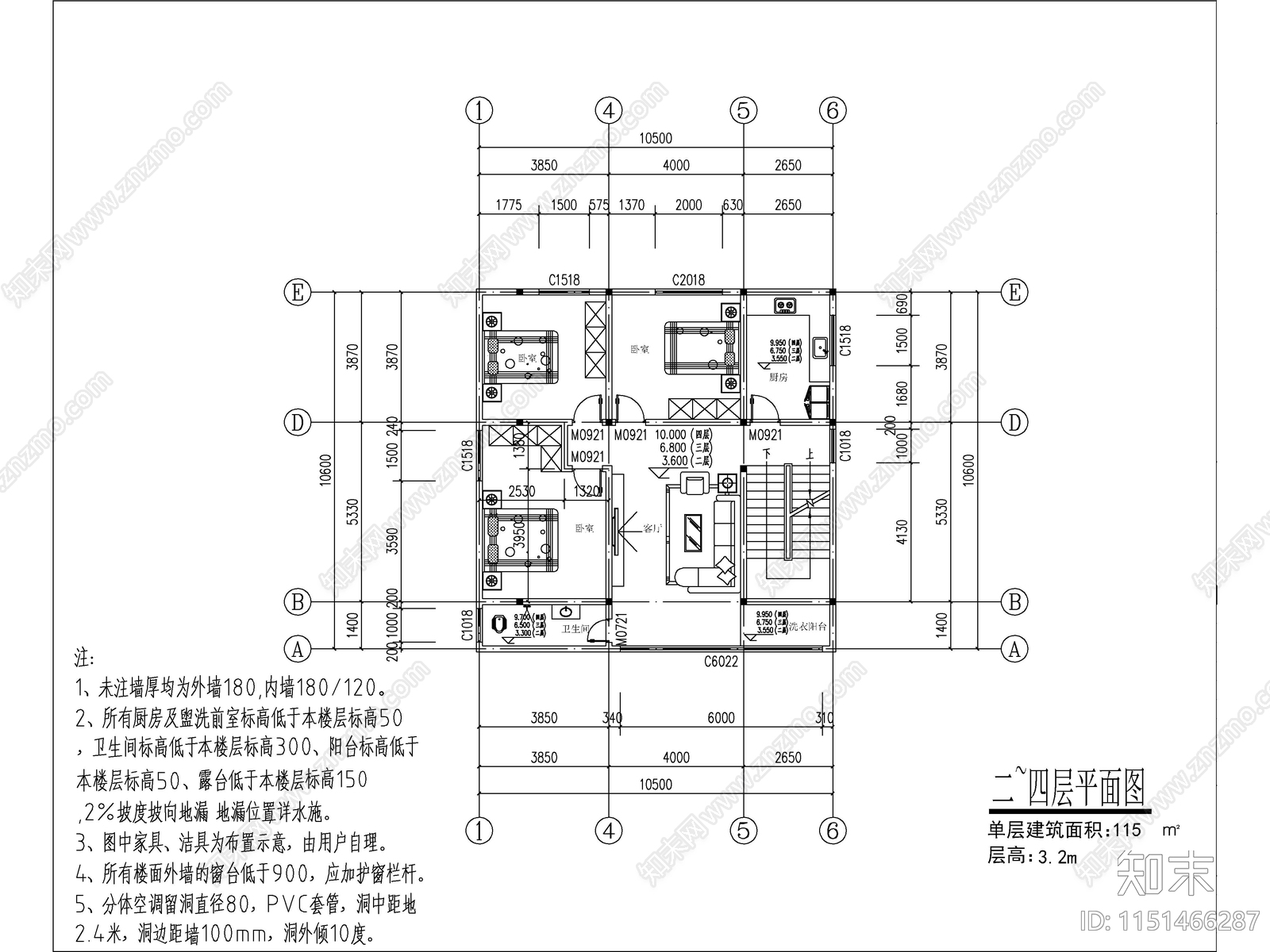 现代四层独栋别墅建筑cad施工图下载【ID:1151466287】