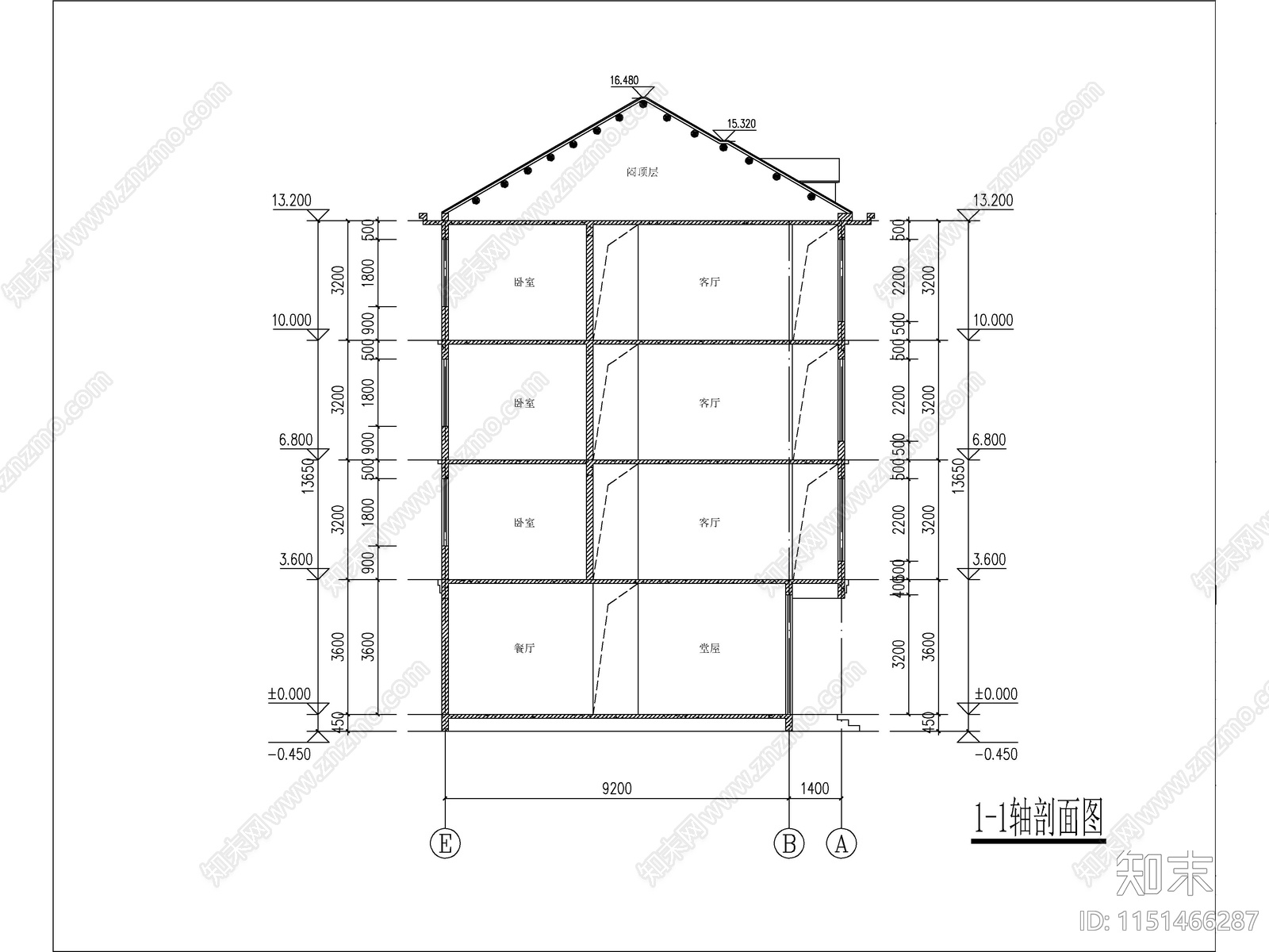 现代四层独栋别墅建筑cad施工图下载【ID:1151466287】