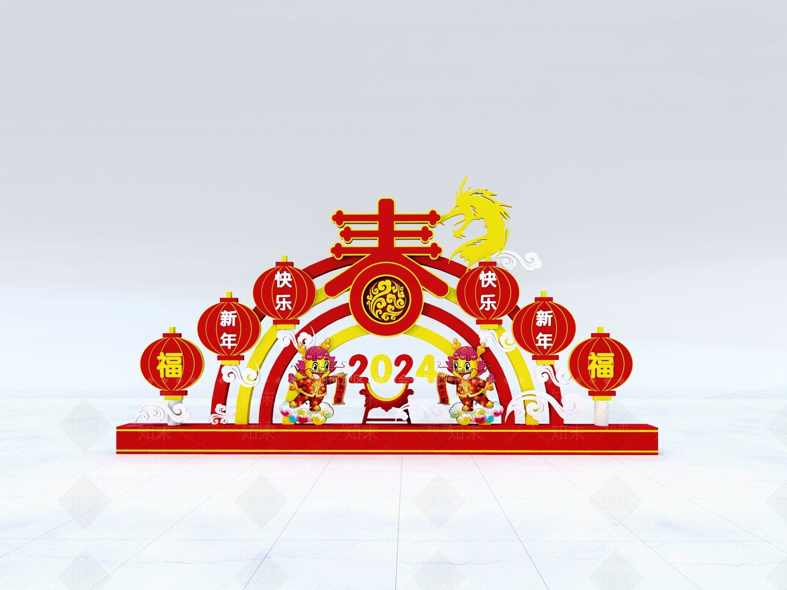 新中式风格新年美陈SU模型下载【ID:1151471142】