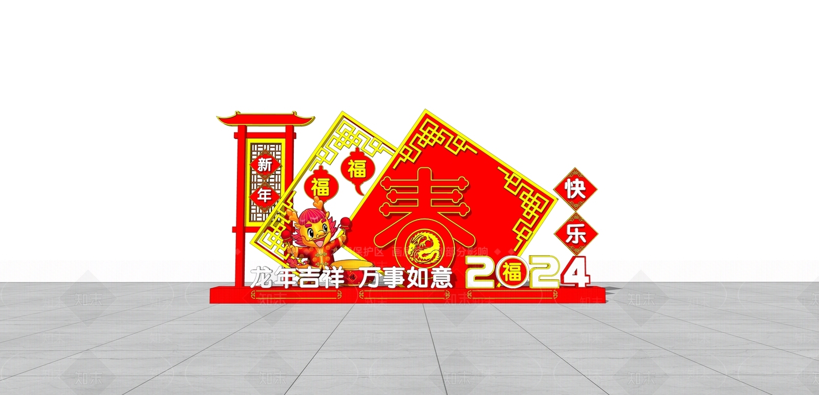 新中式风格新年美陈SU模型下载【ID:1151471431】