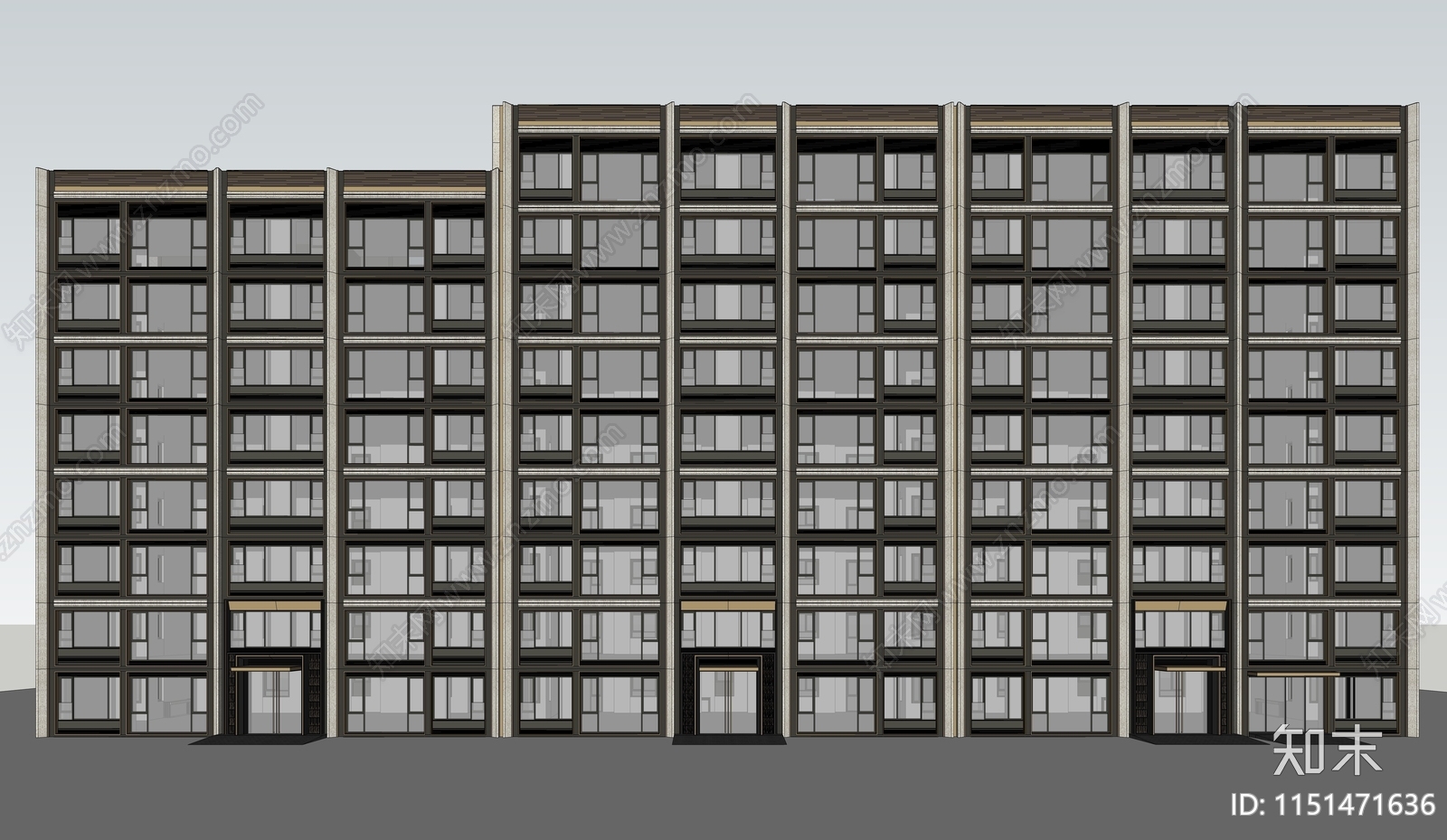 现代轻奢黑金高层住宅公寓楼SU模型下载【ID:1151471636】