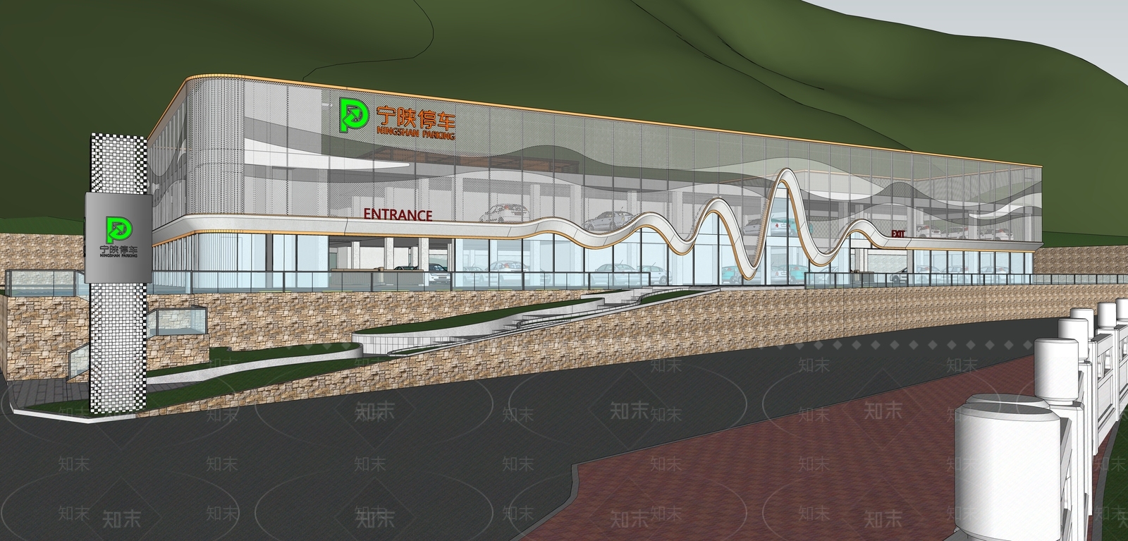 现代二层城市停车楼建筑SU模型下载【ID:1151490469】