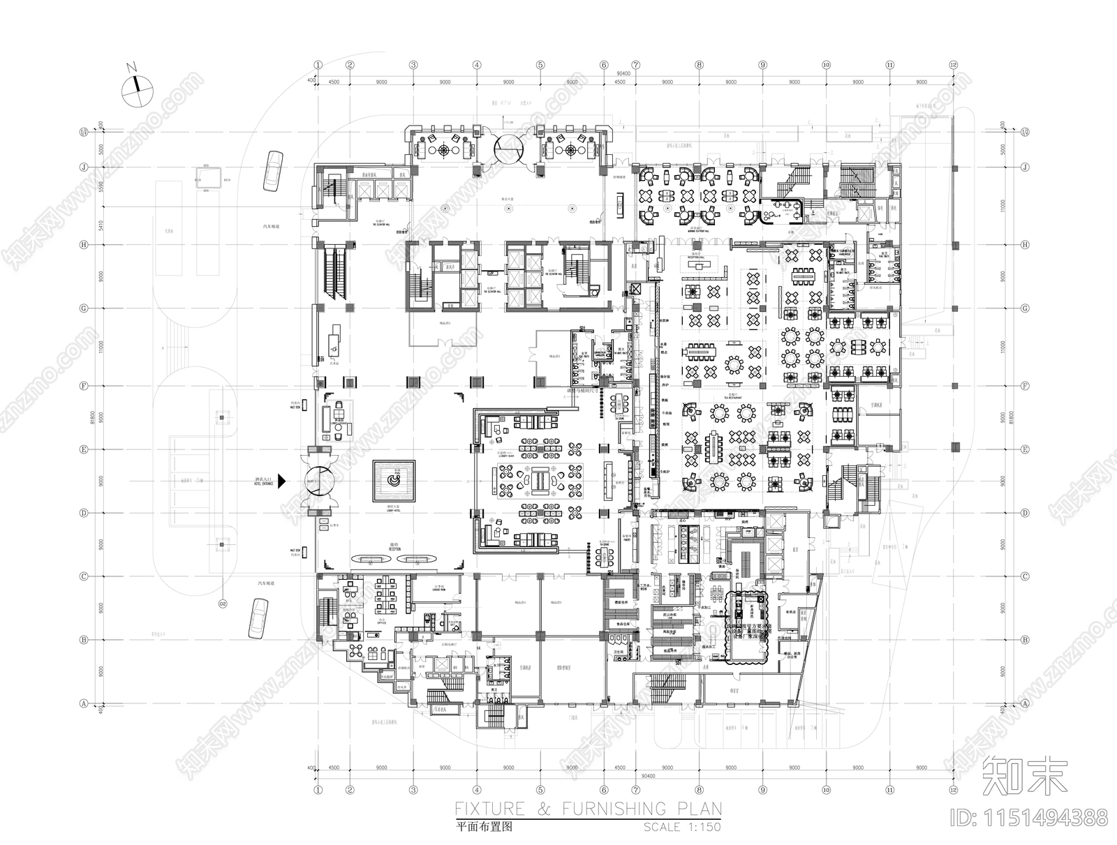 酒店大堂餐饮平面图施工图下载【ID:1151494388】