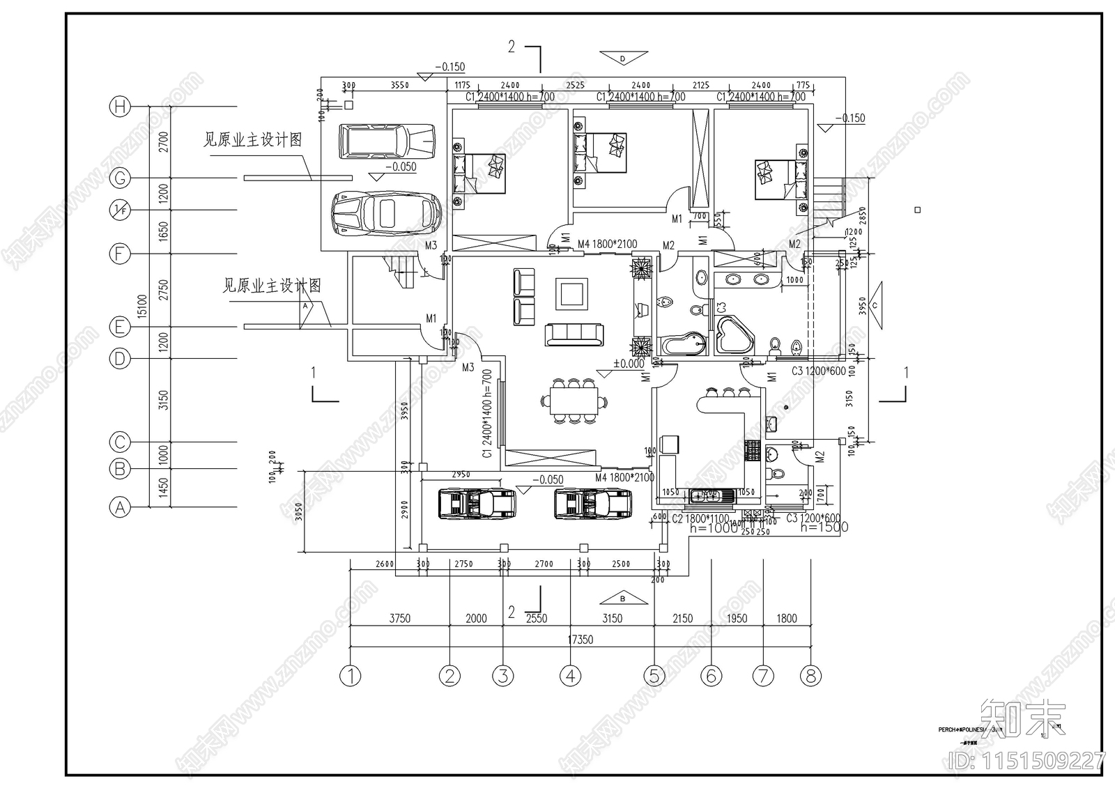 2层坡屋顶别墅建筑施工图cad施工图下载【ID:1151509227】