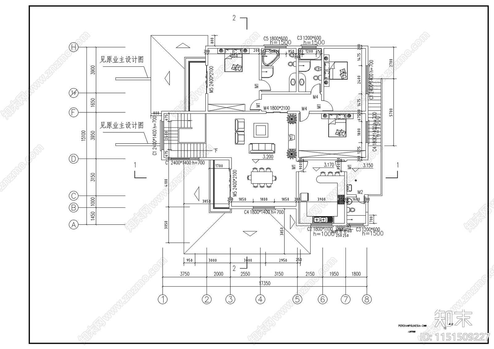 2层坡屋顶别墅建筑施工图cad施工图下载【ID:1151509227】