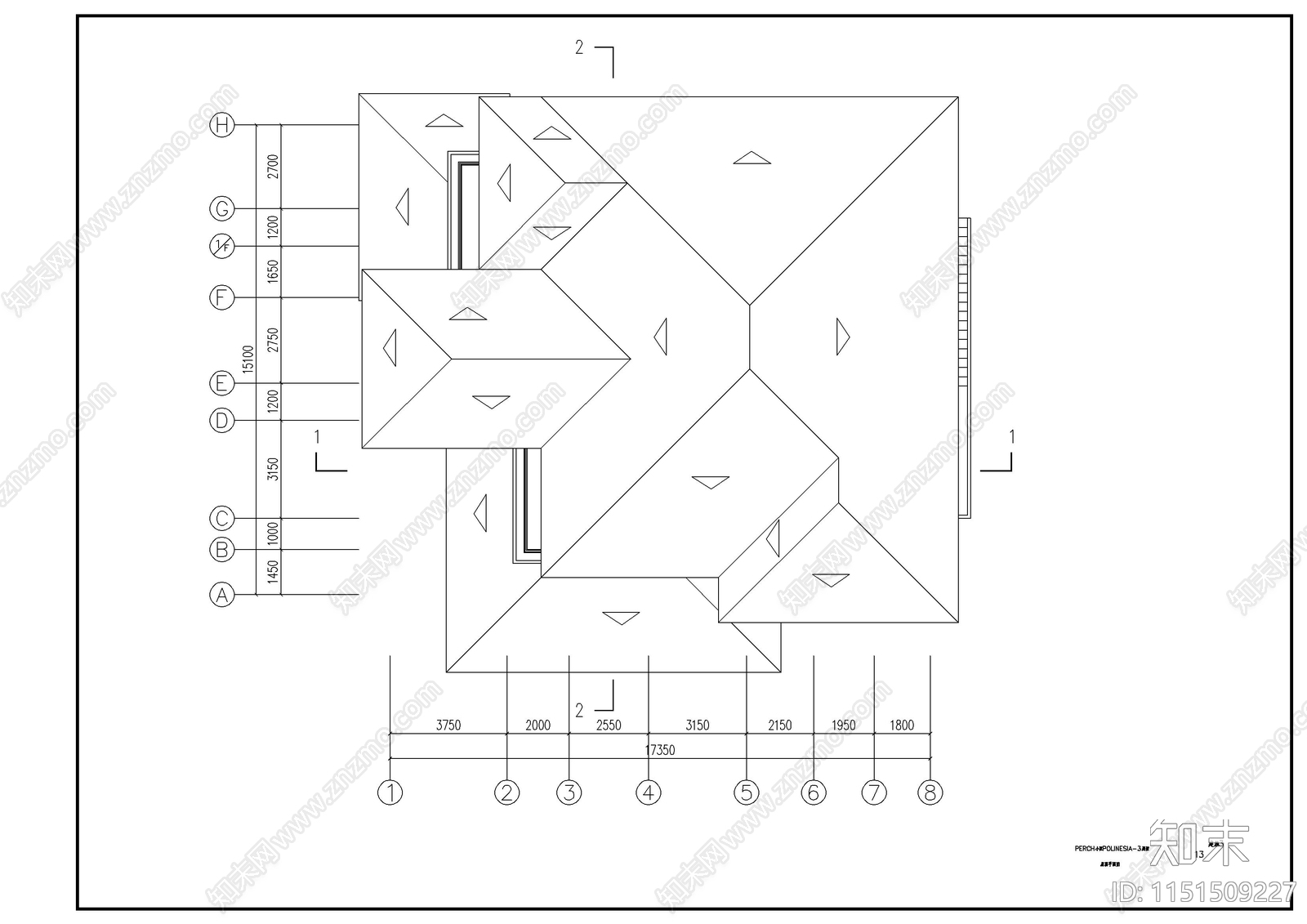 2层坡屋顶别墅建筑施工图cad施工图下载【ID:1151509227】