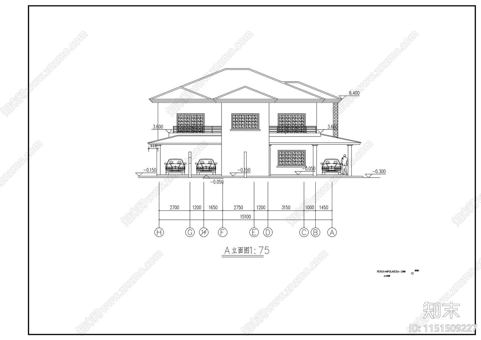 2层坡屋顶别墅建筑施工图cad施工图下载【ID:1151509227】