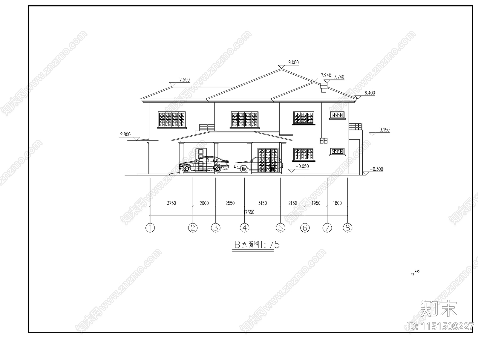 2层坡屋顶别墅建筑施工图cad施工图下载【ID:1151509227】