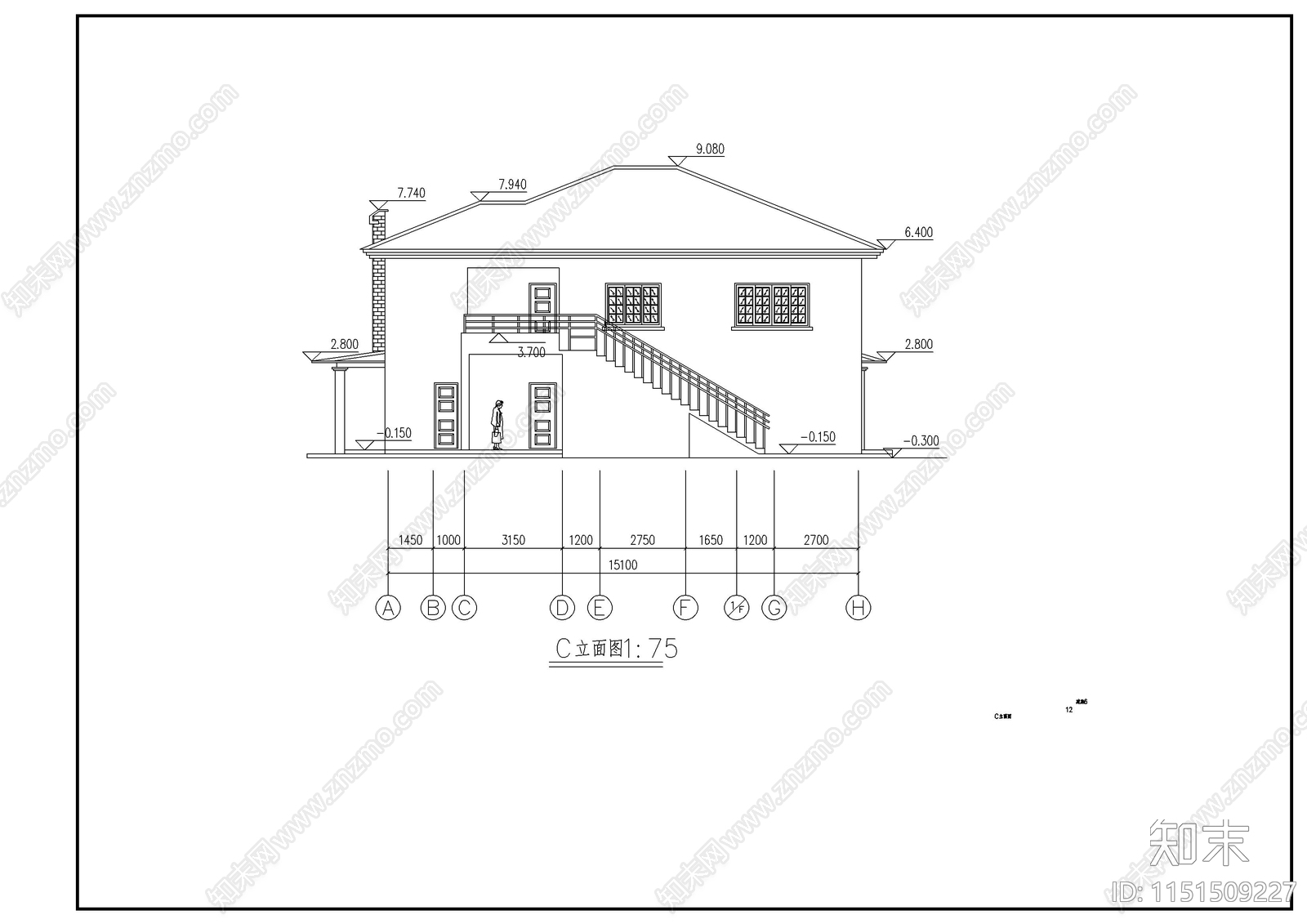 2层坡屋顶别墅建筑施工图cad施工图下载【ID:1151509227】