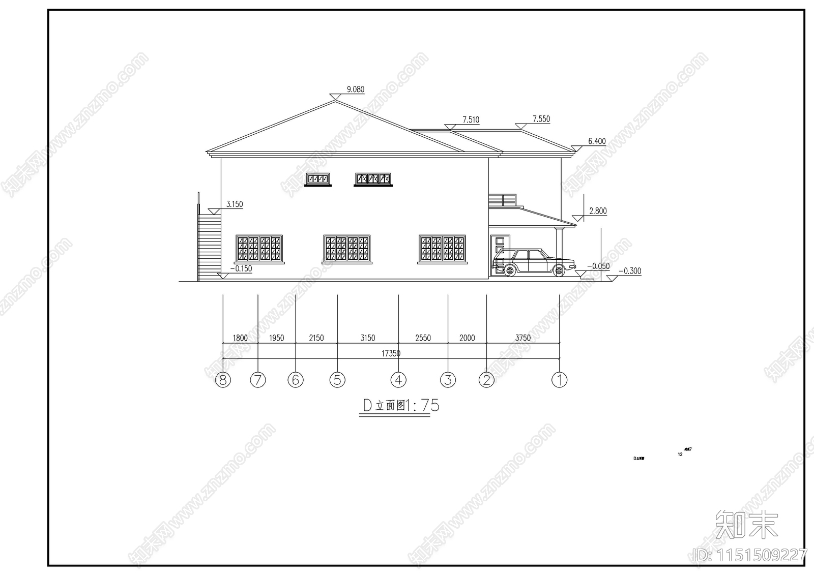 2层坡屋顶别墅建筑施工图cad施工图下载【ID:1151509227】