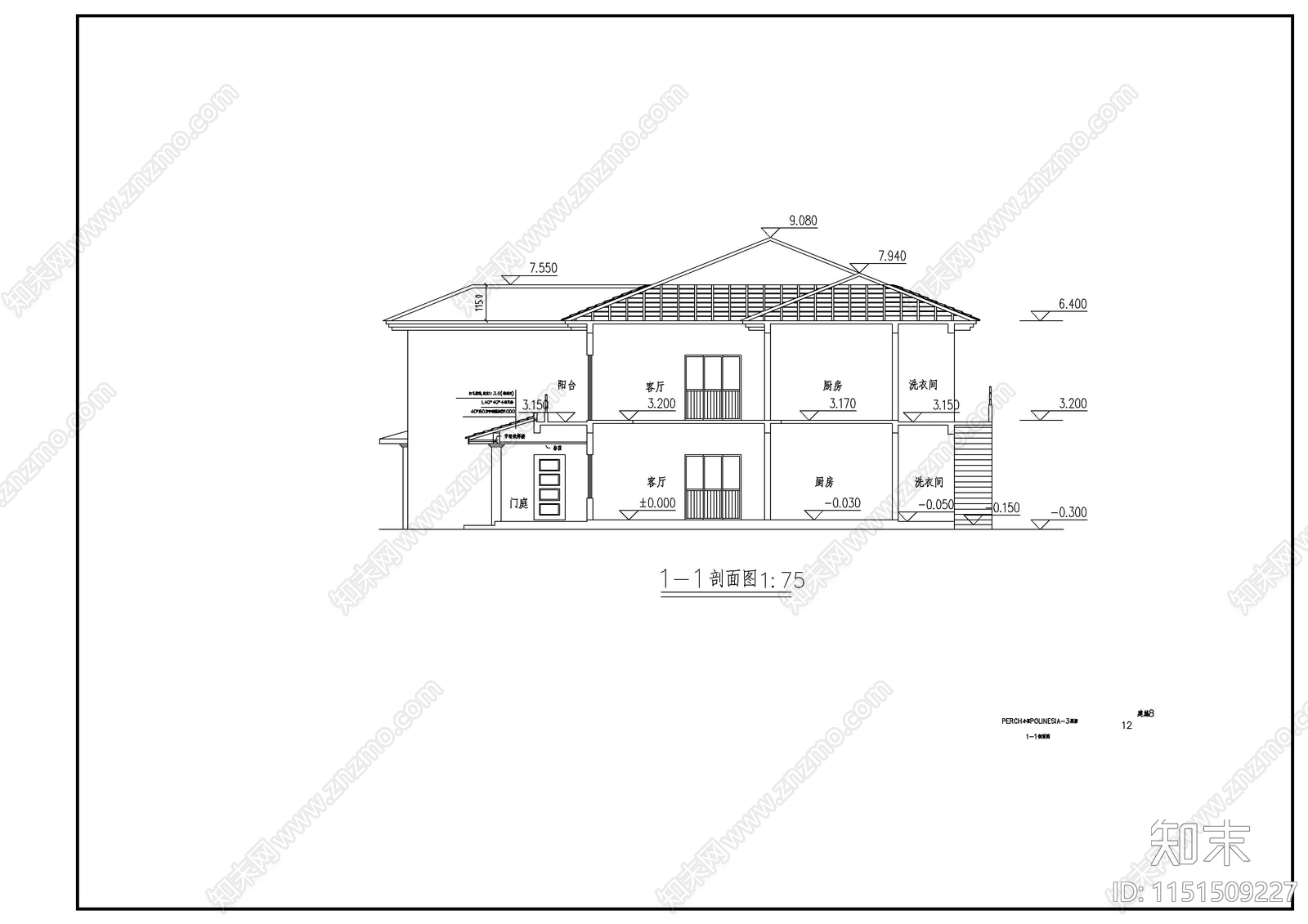 2层坡屋顶别墅建筑施工图cad施工图下载【ID:1151509227】