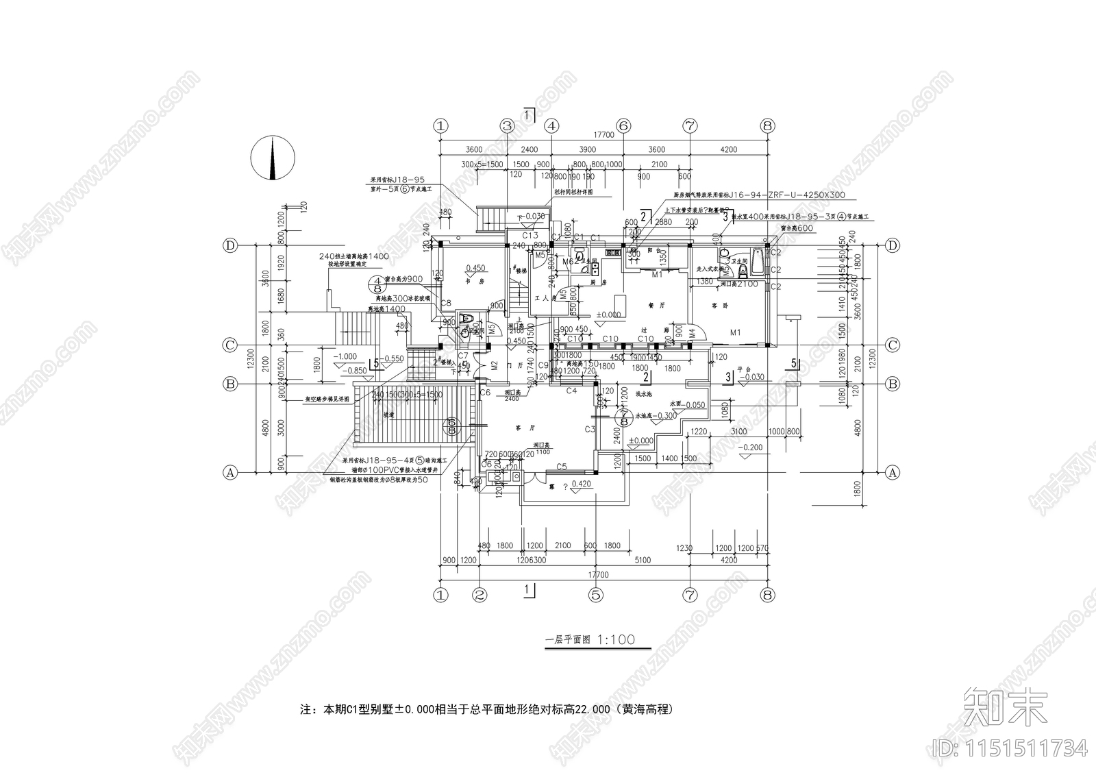 别墅建筑设计施工图cad施工图下载【ID:1151511734】