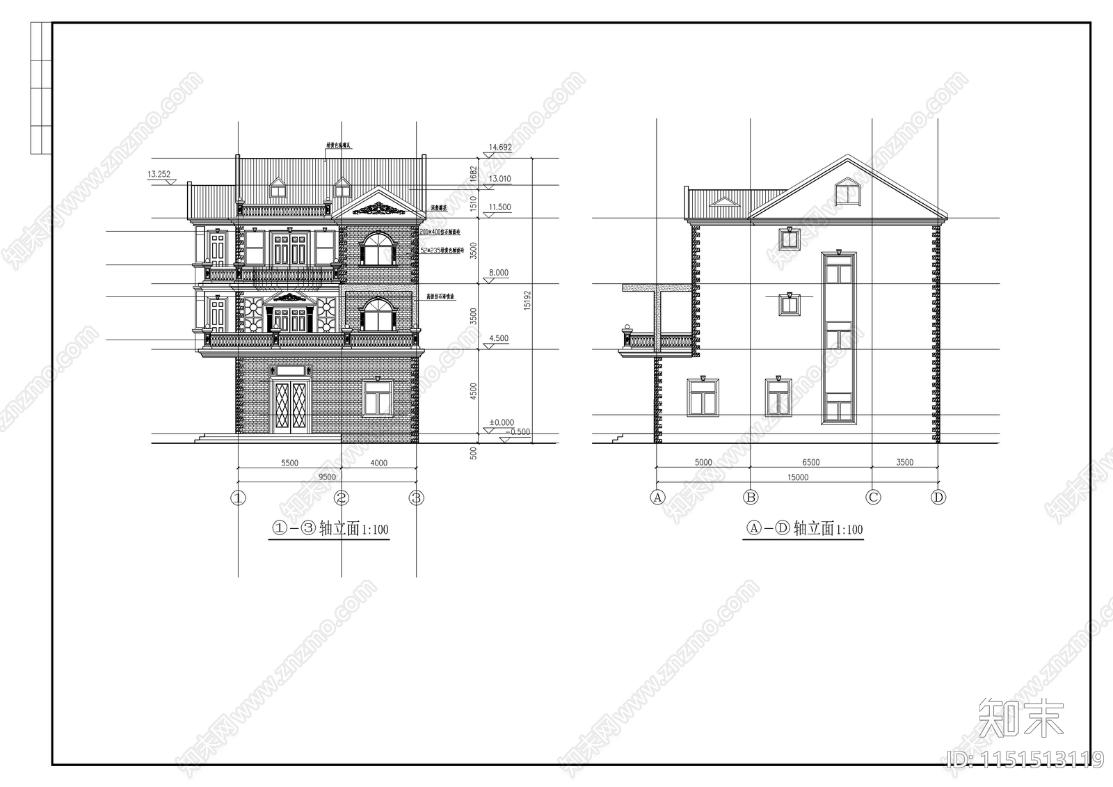 别墅建筑图纸cad施工图下载【ID:1151513119】