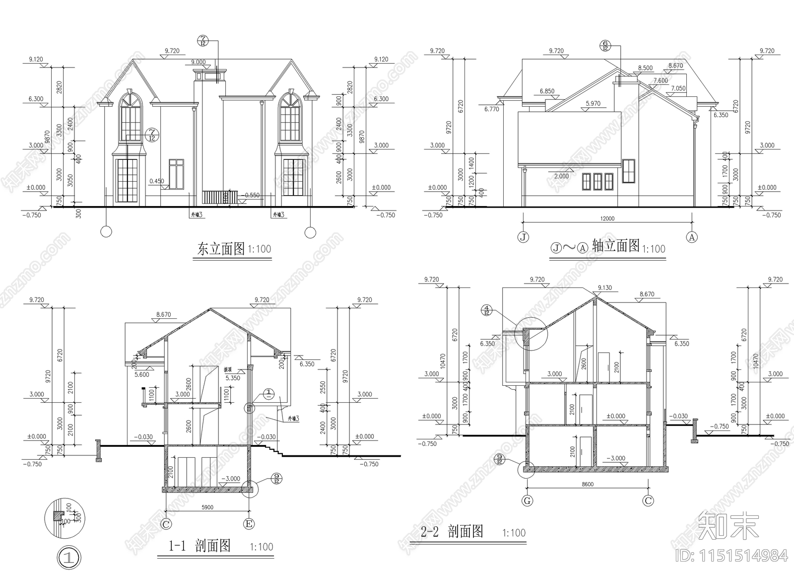 别墅建筑施工图cad施工图下载【ID:1151514984】