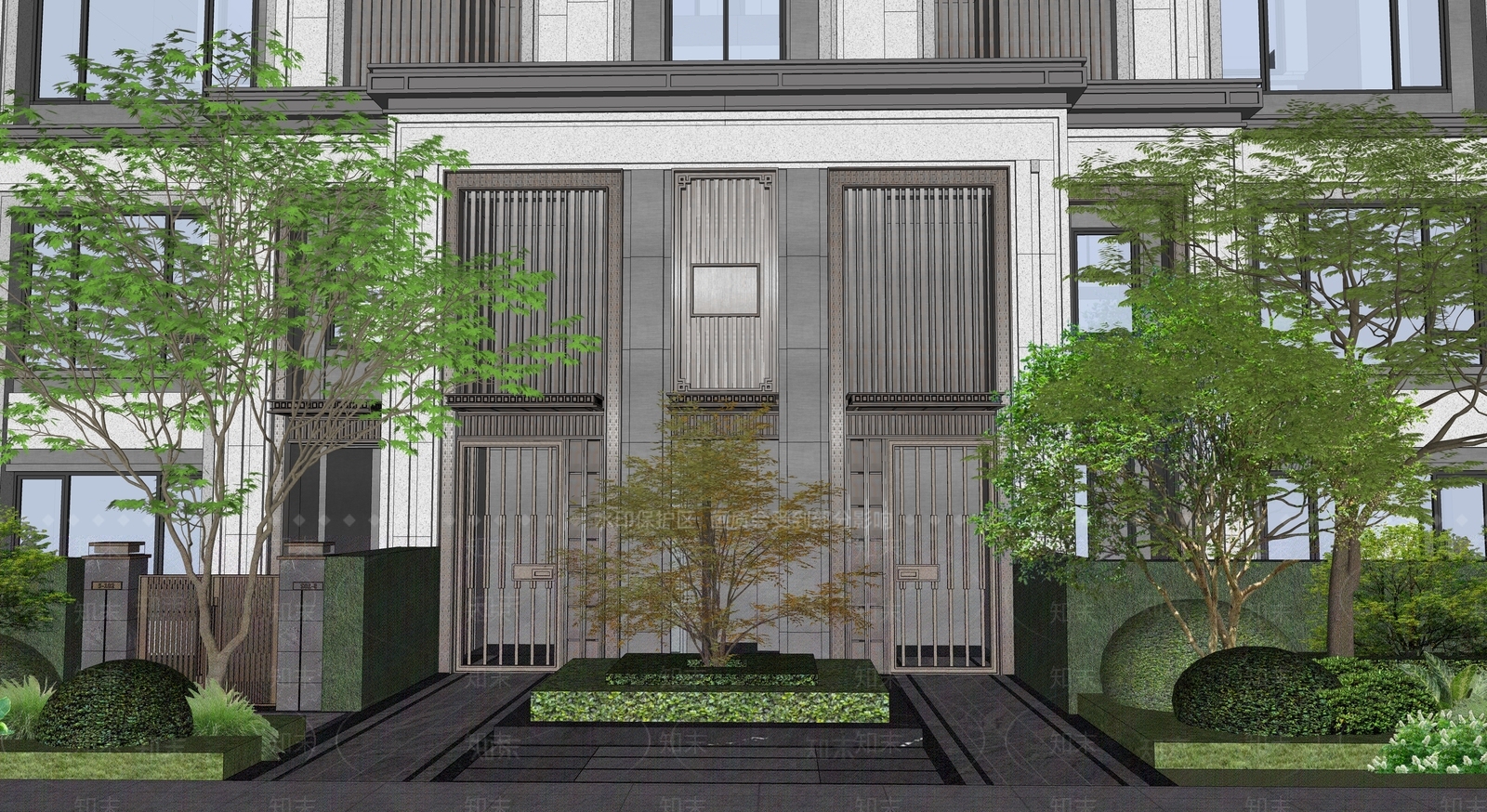 现代小区单元门景观SU模型下载【ID:1151521386】