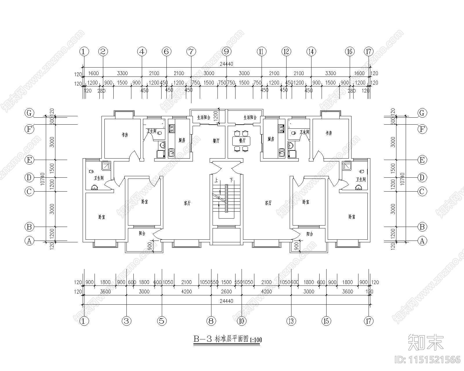 现代多层住宅户型图cad施工图下载【ID:1151521566】