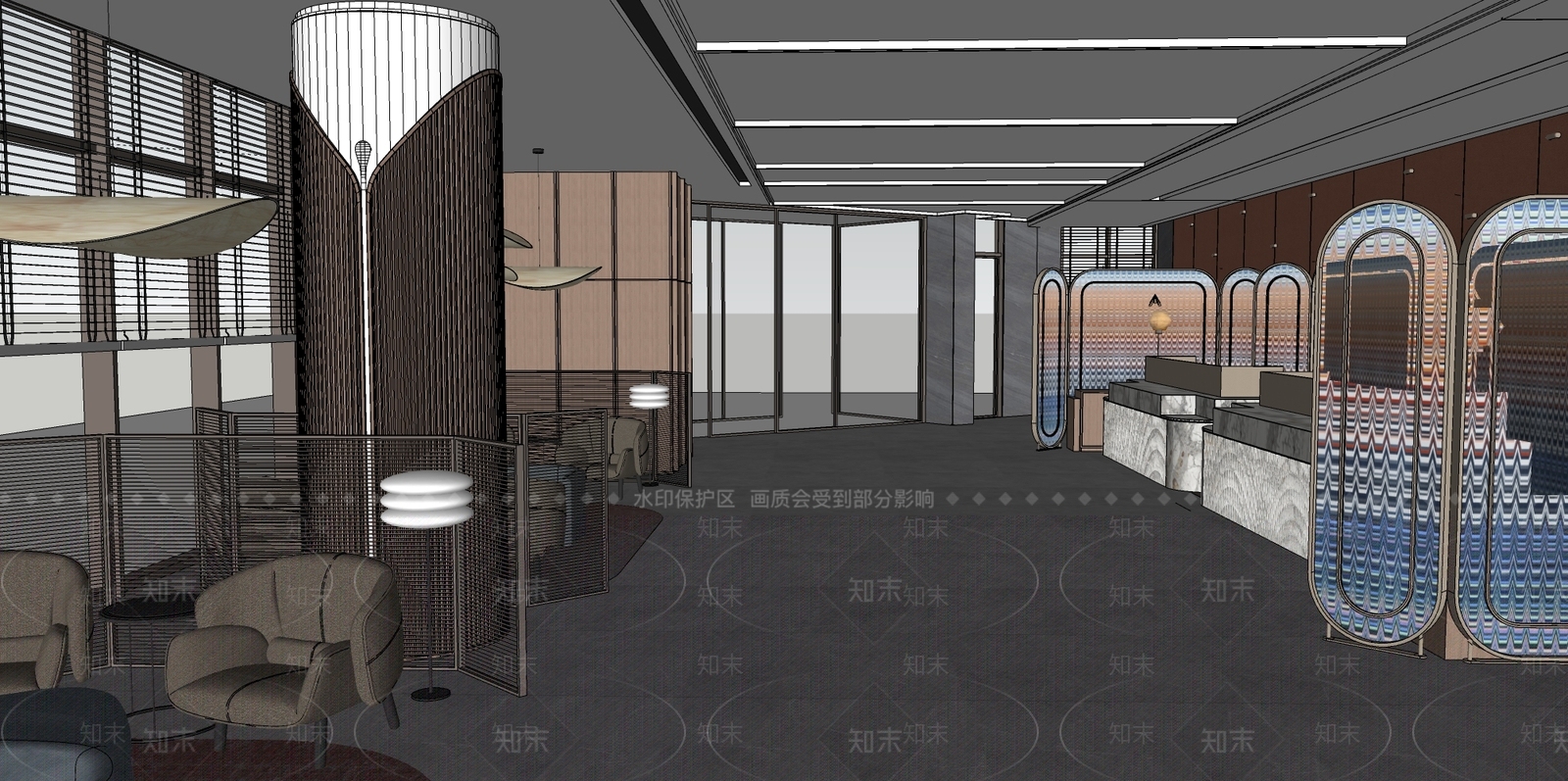 现代酒店艺术大堂SU模型下载【ID:1151527838】