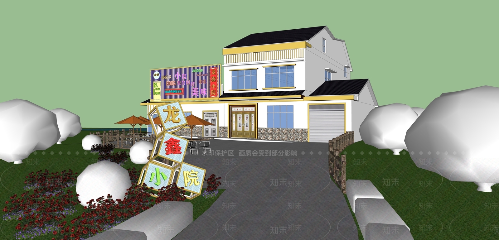 新中式餐饮建筑SU模型下载【ID:1151533936】