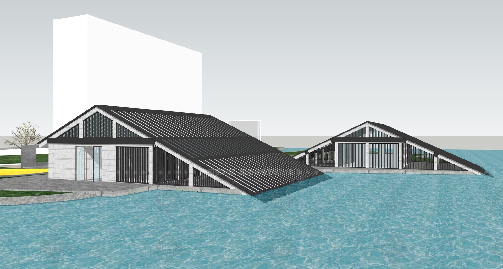 新中式滨水展览馆建筑SU模型下载【ID:1151538418】