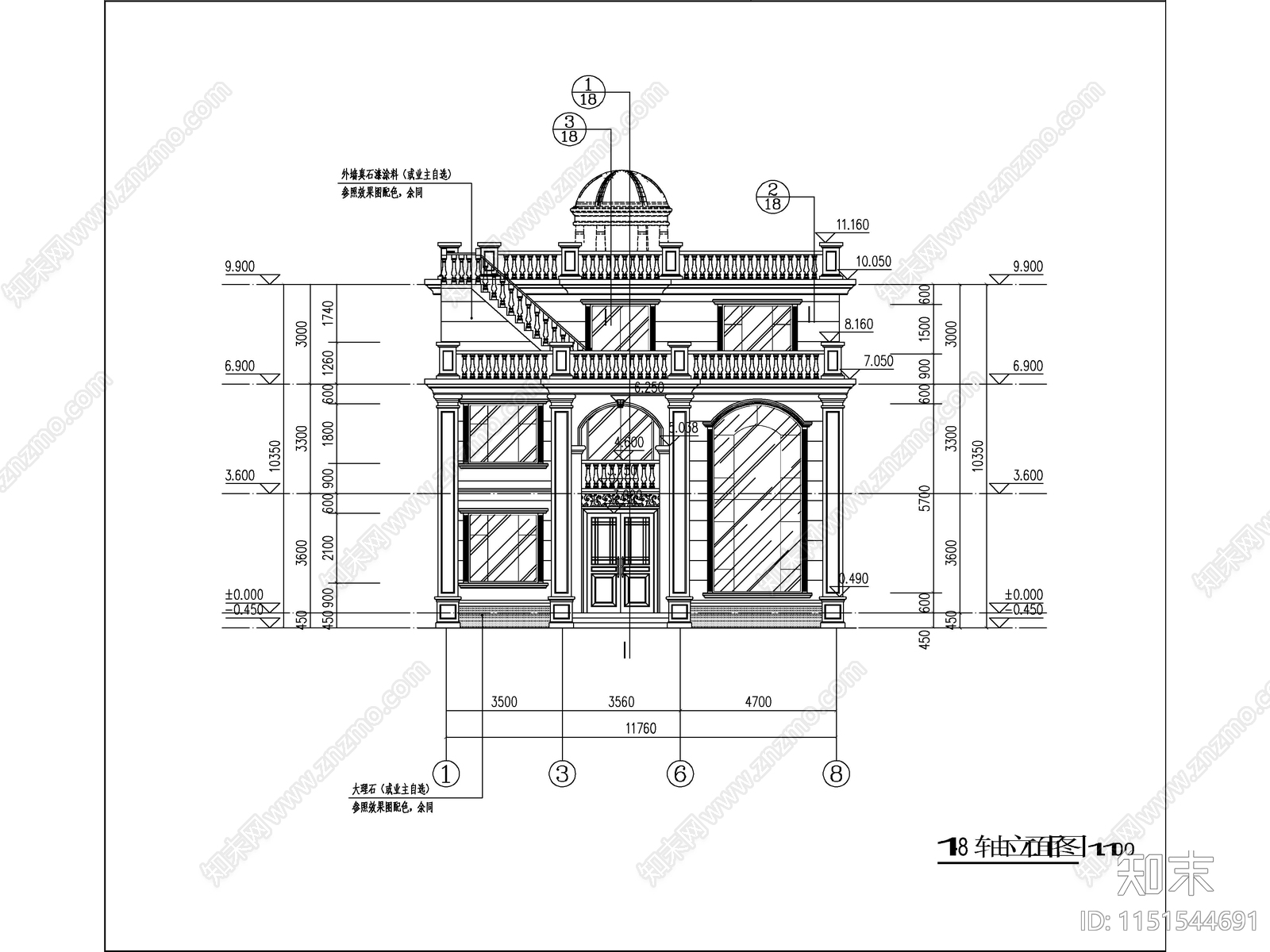 欧式三层独栋别墅建筑cad施工图下载【ID:1151544691】