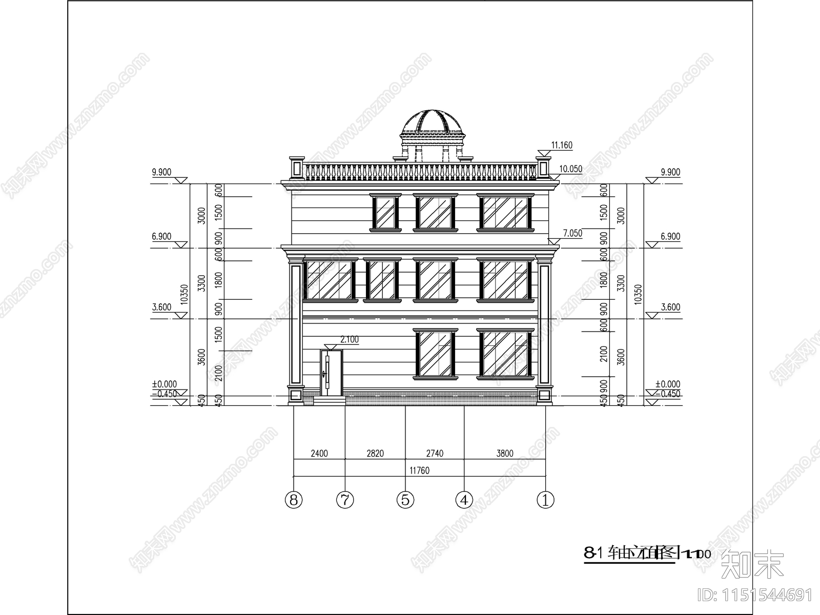 欧式三层独栋别墅建筑cad施工图下载【ID:1151544691】