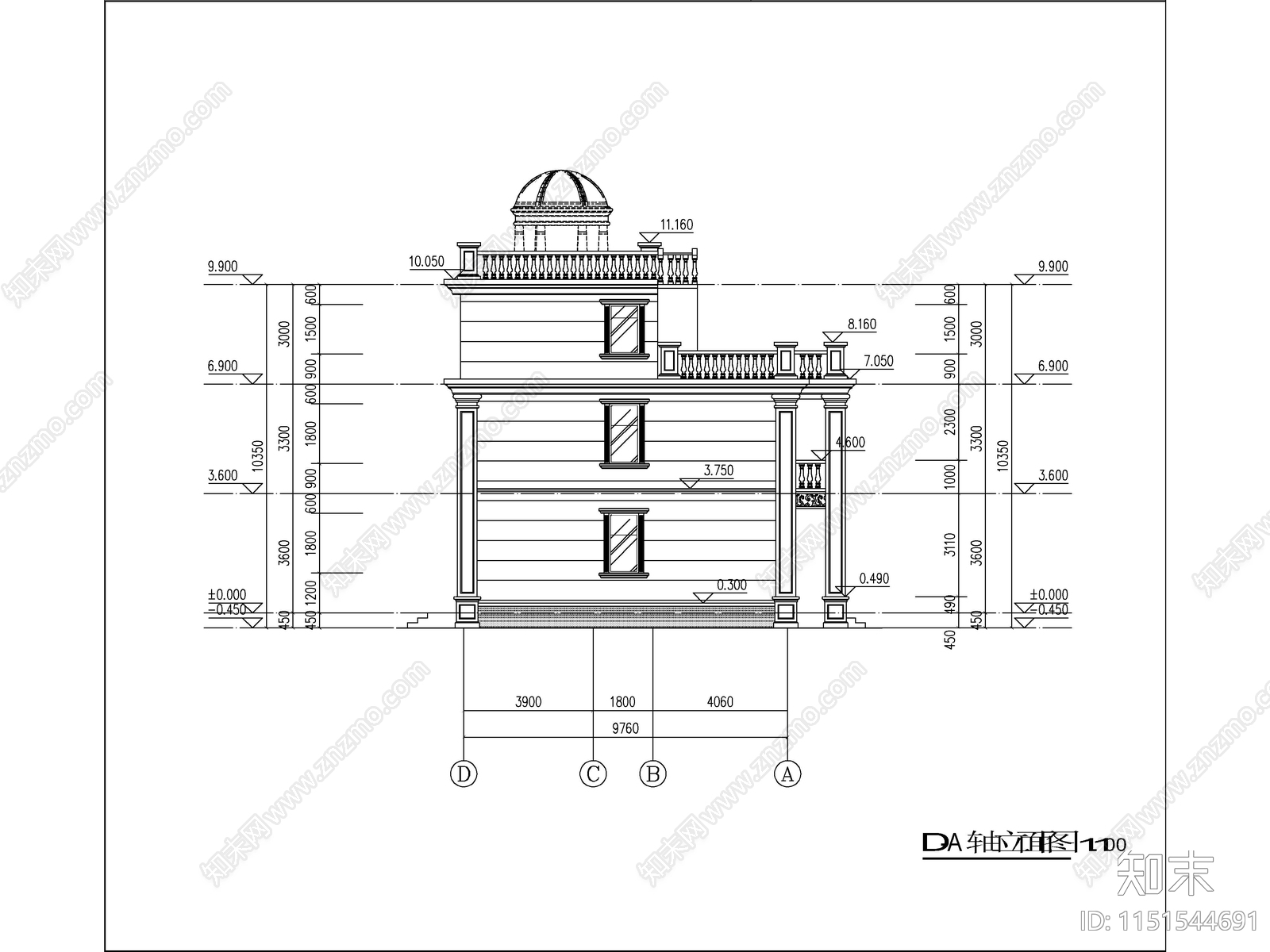 欧式三层独栋别墅建筑cad施工图下载【ID:1151544691】